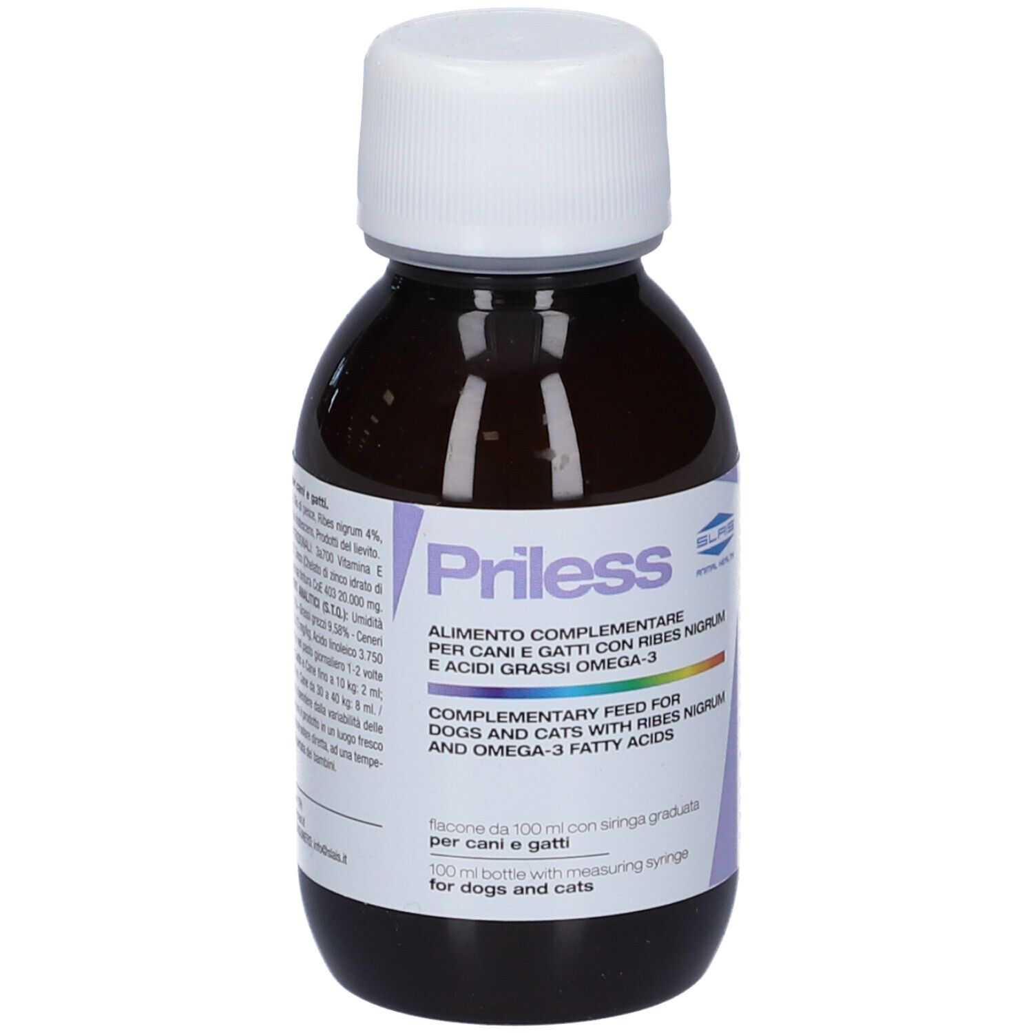 PriLess Ergänzungsfuttermittel für Hunde und Katzen, 100 ml Flasche mit Messspritze.
