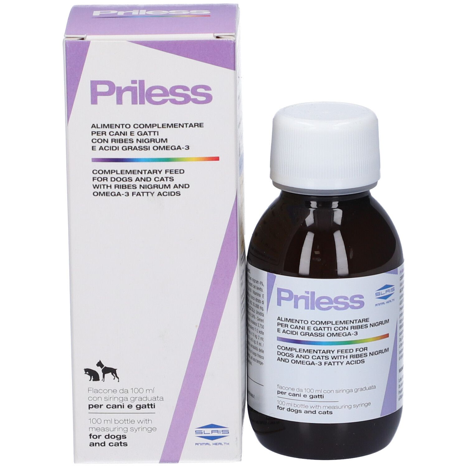 PriLess Ergänzungsfuttermittel für Hunde und Katzen, 100 ml Flasche mit Messspritze.