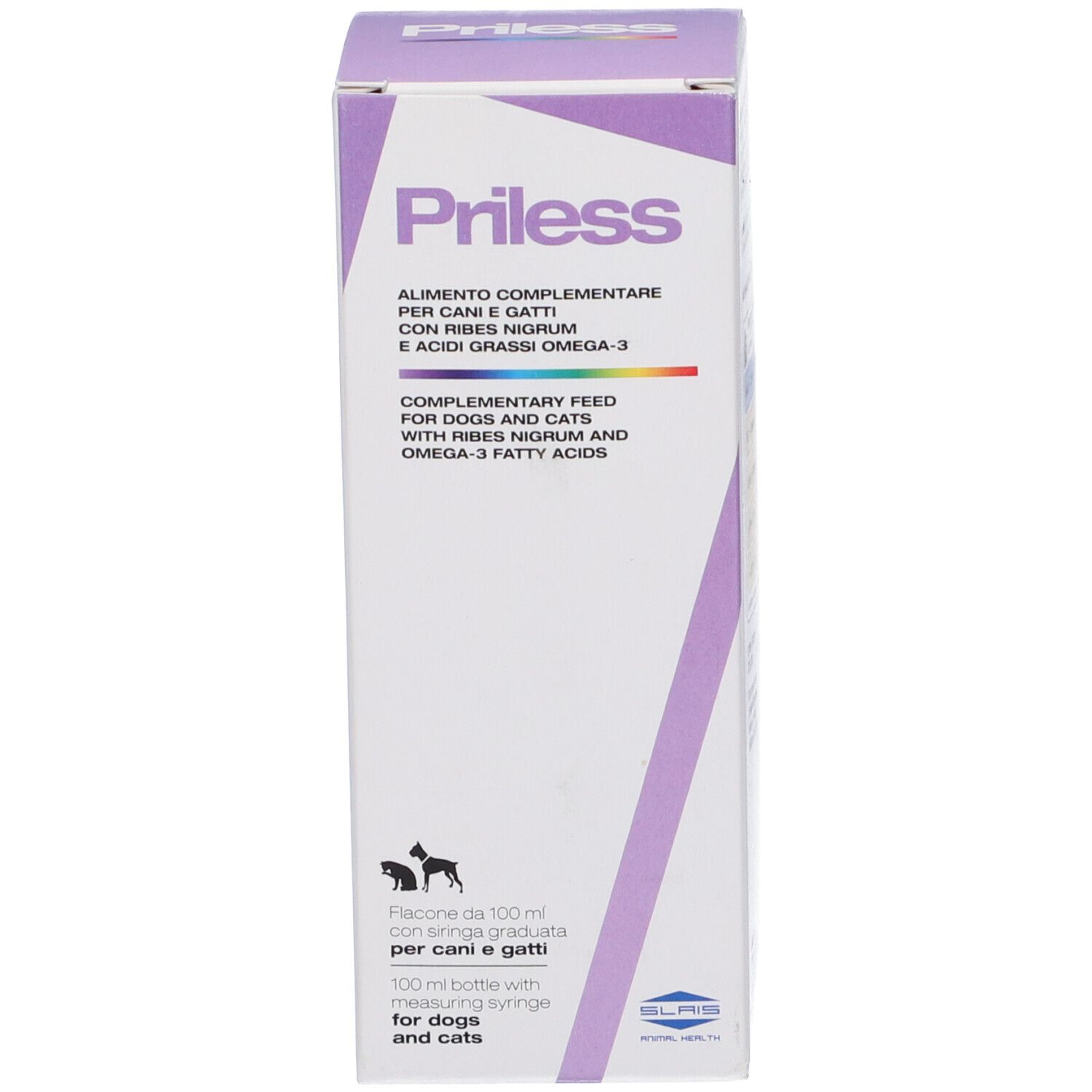 Verpackung für 'PriLess', ein Ergänzungsfuttermittel für Hunde und Katzen. Enthält 100ml und eine Messspritze.