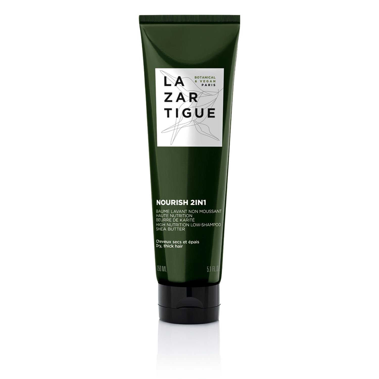Tubo verde con etichetta bianca. Testo: LAZARTIGUE, NOURISH 2IN1, Balsamo Lavante, Burro di Karité. Tappo nero.