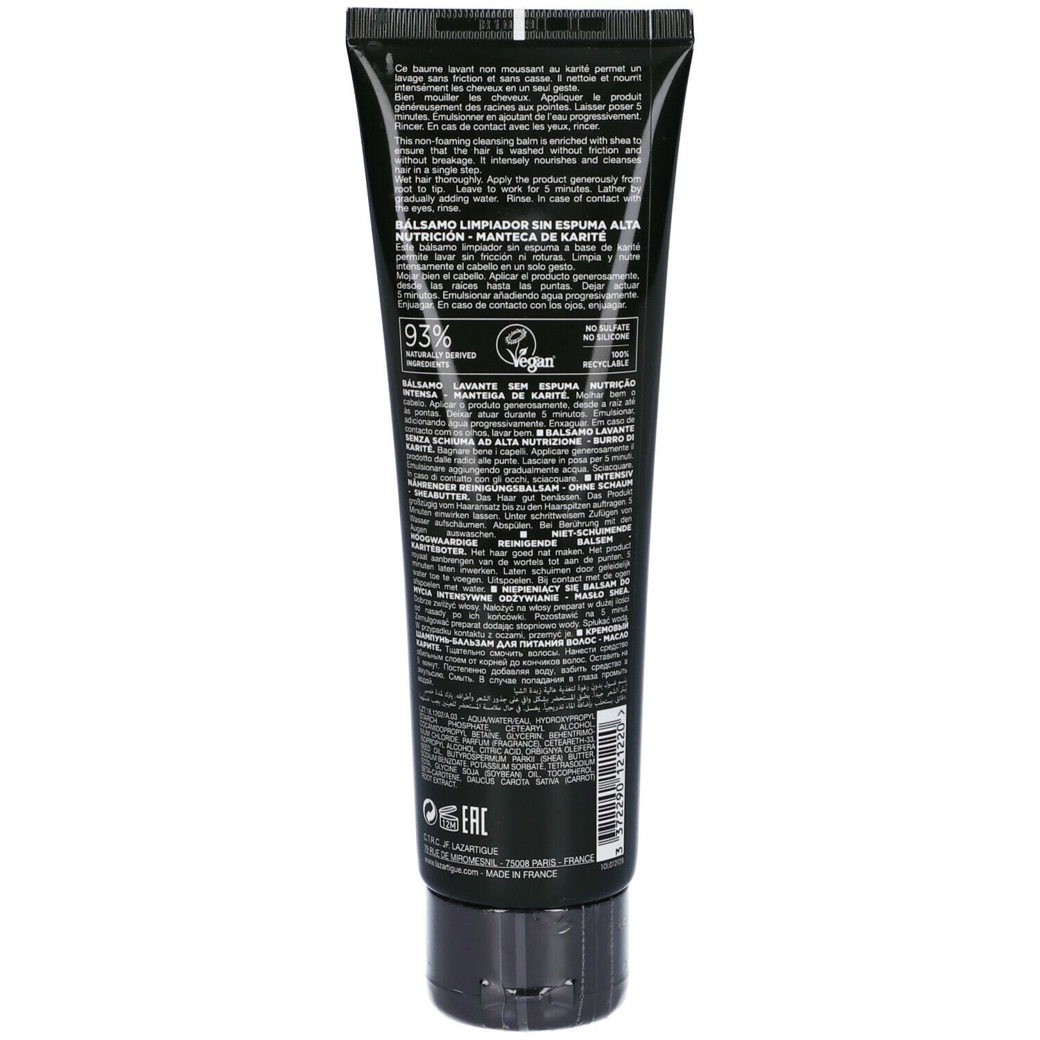 Retro di un tubo nero. Testo: Balsamo Lavante, 93% ingredienti di origine naturale, vegano. Tappo nero.