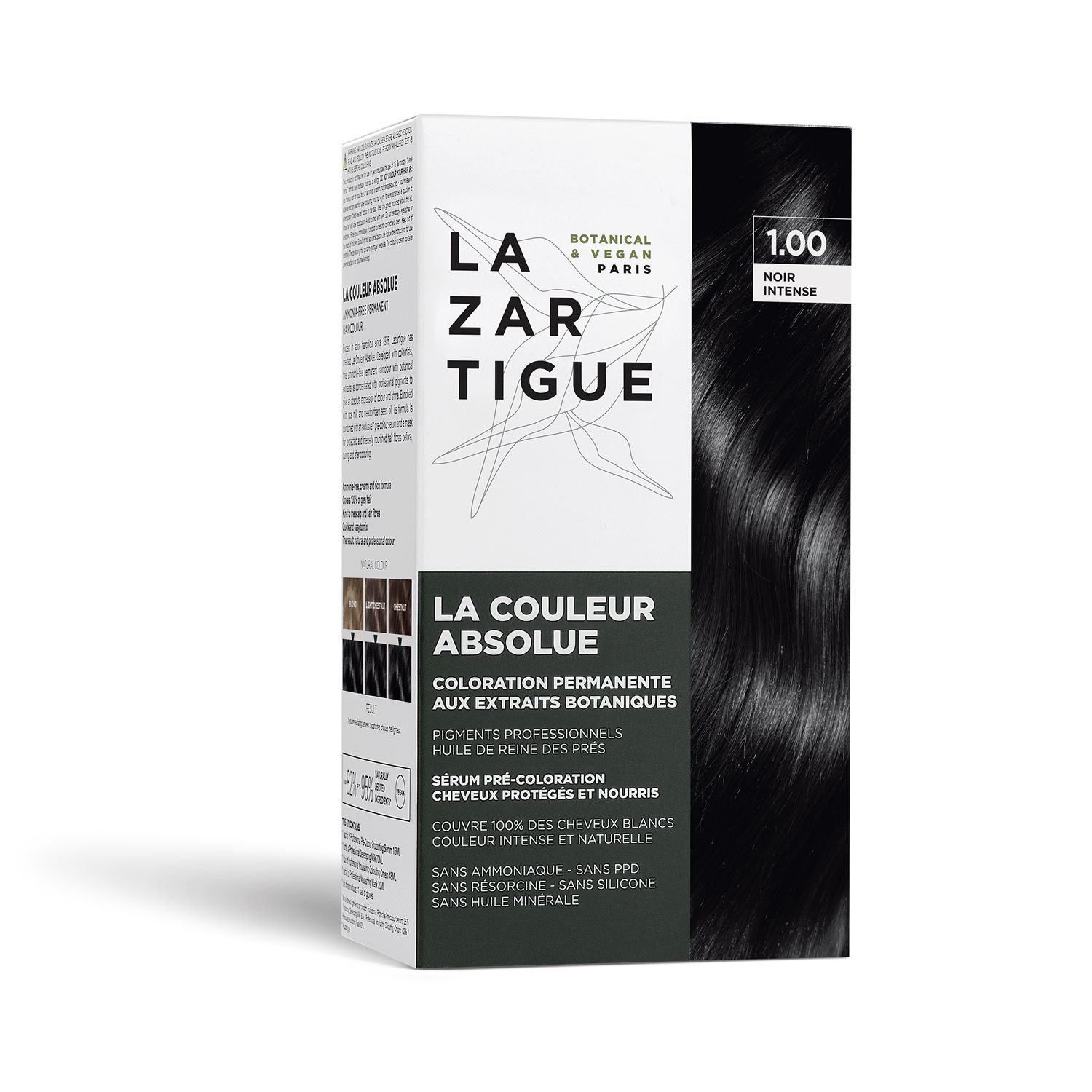 LAZARTIGUE COULEUR ABSOLUE, 1.00 Nero Intenso. Tinta per capelli nera in confezione. Estratti botanici.