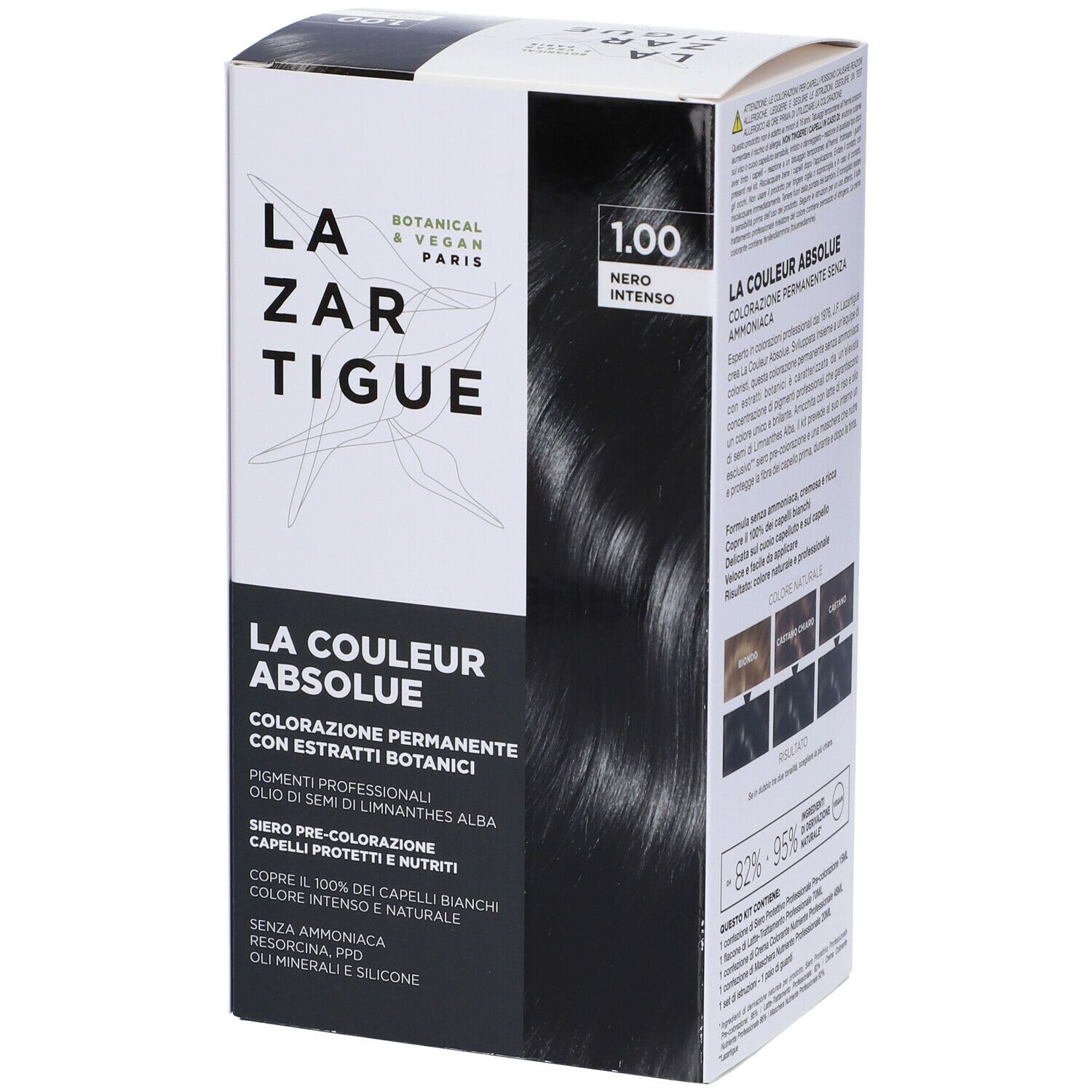 LAZARTIGUE COULEUR ABSOLUE, 1.00 Nero Intenso. Tinta per capelli in confezione. Estratti botanici. Vegan.
