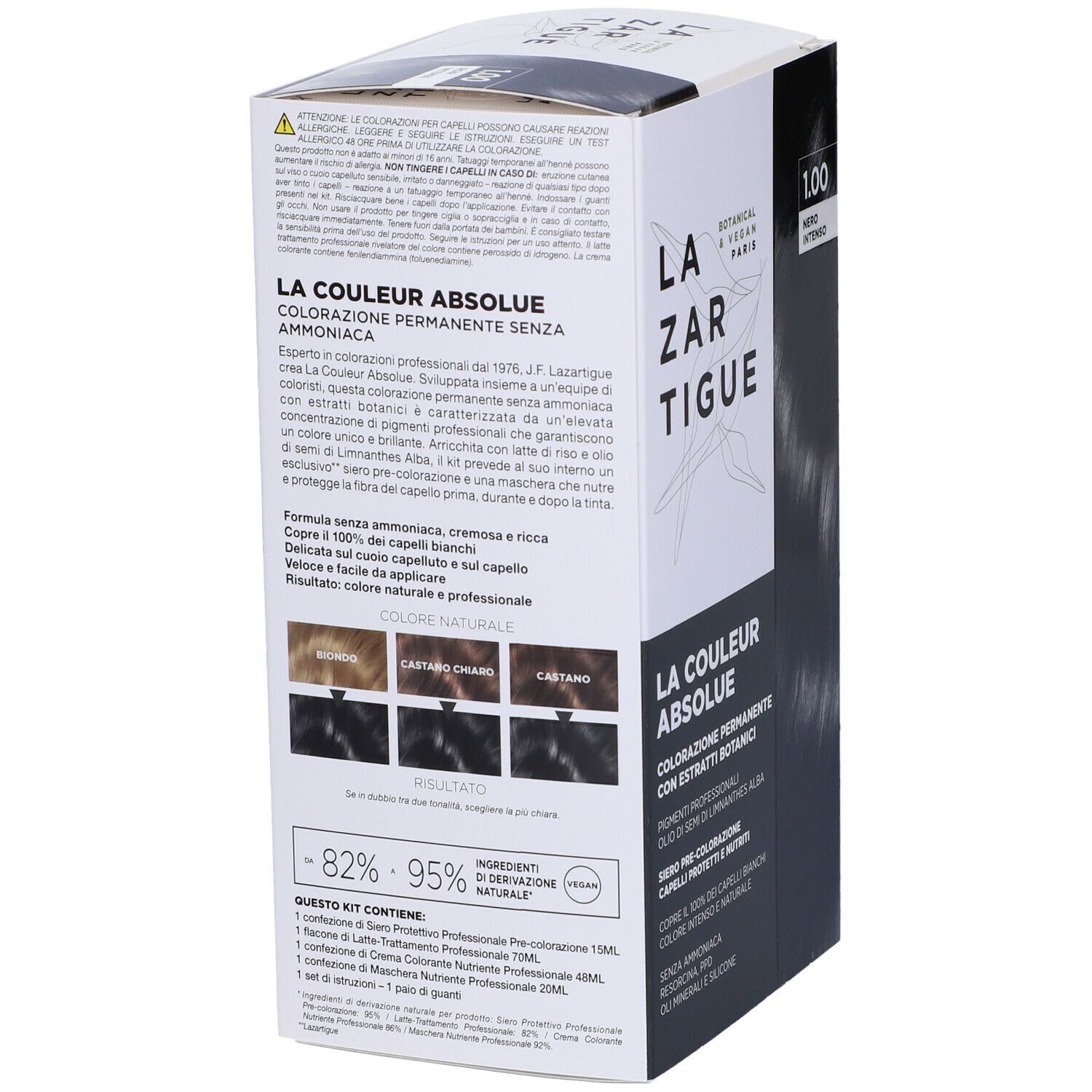 LAZARTIGUE COULEUR ABSOLUE, 1.00 Nero Intenso. Retro della confezione. Ingredienti e istruzioni.