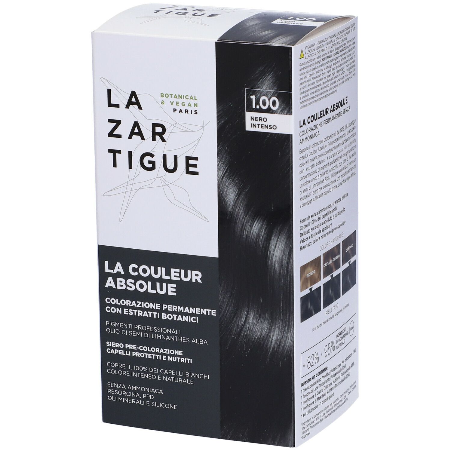 LAZARTIGUE COULEUR ABSOLUE, 1.00 Nero Intenso. Tinta per capelli in confezione. Estratti botanici. Vegan.