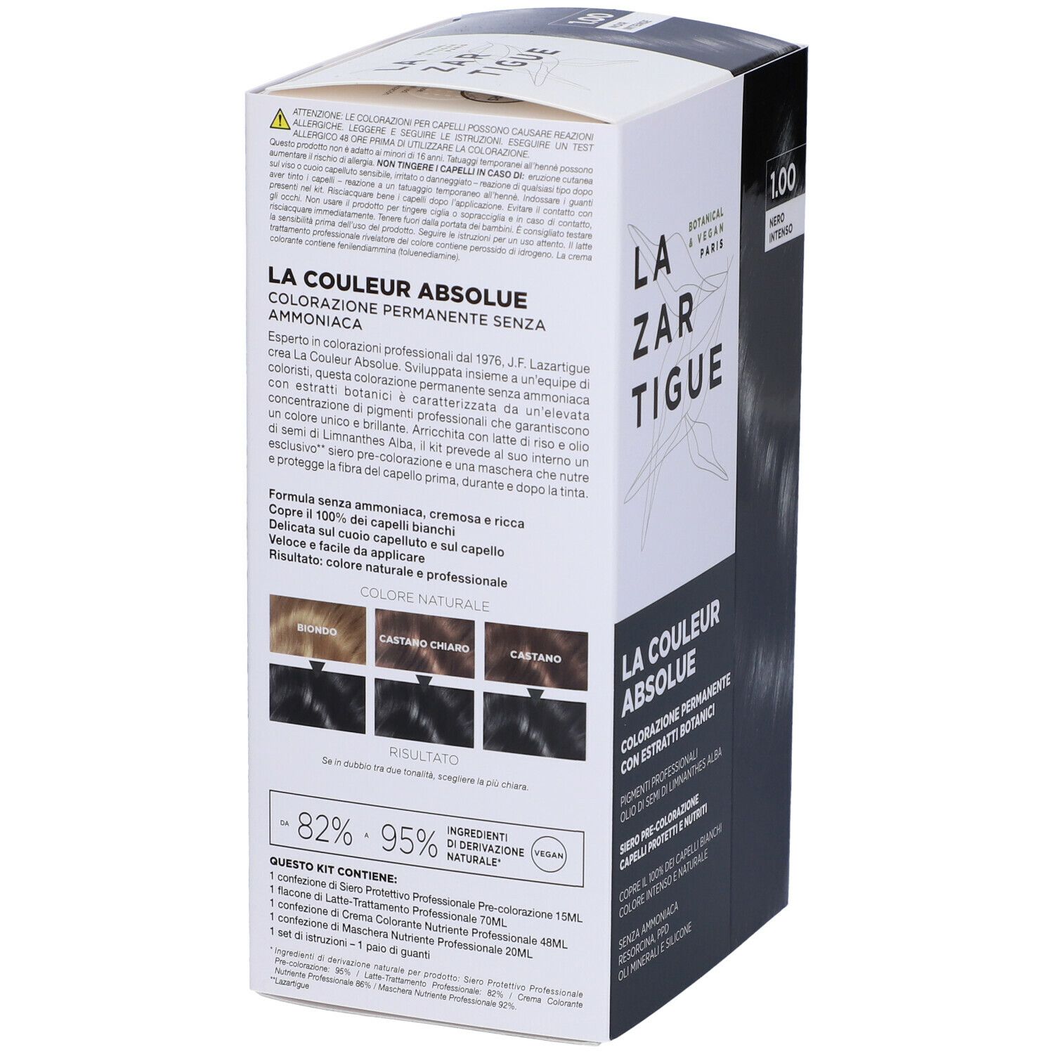 LAZARTIGUE COULEUR ABSOLUE, 1.00 Nero Intenso. Retro della confezione. Ingredienti e istruzioni.