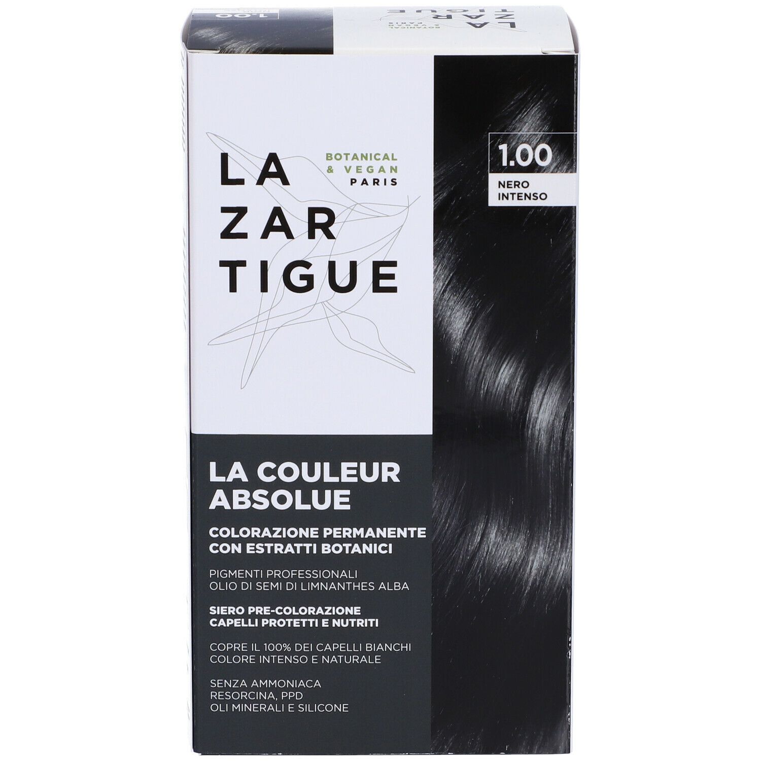 LAZARTIGUE COULEUR ABSOLUE, 1.00 Nero Intenso. Tinta per capelli in confezione. Estratti botanici. Vegan.
