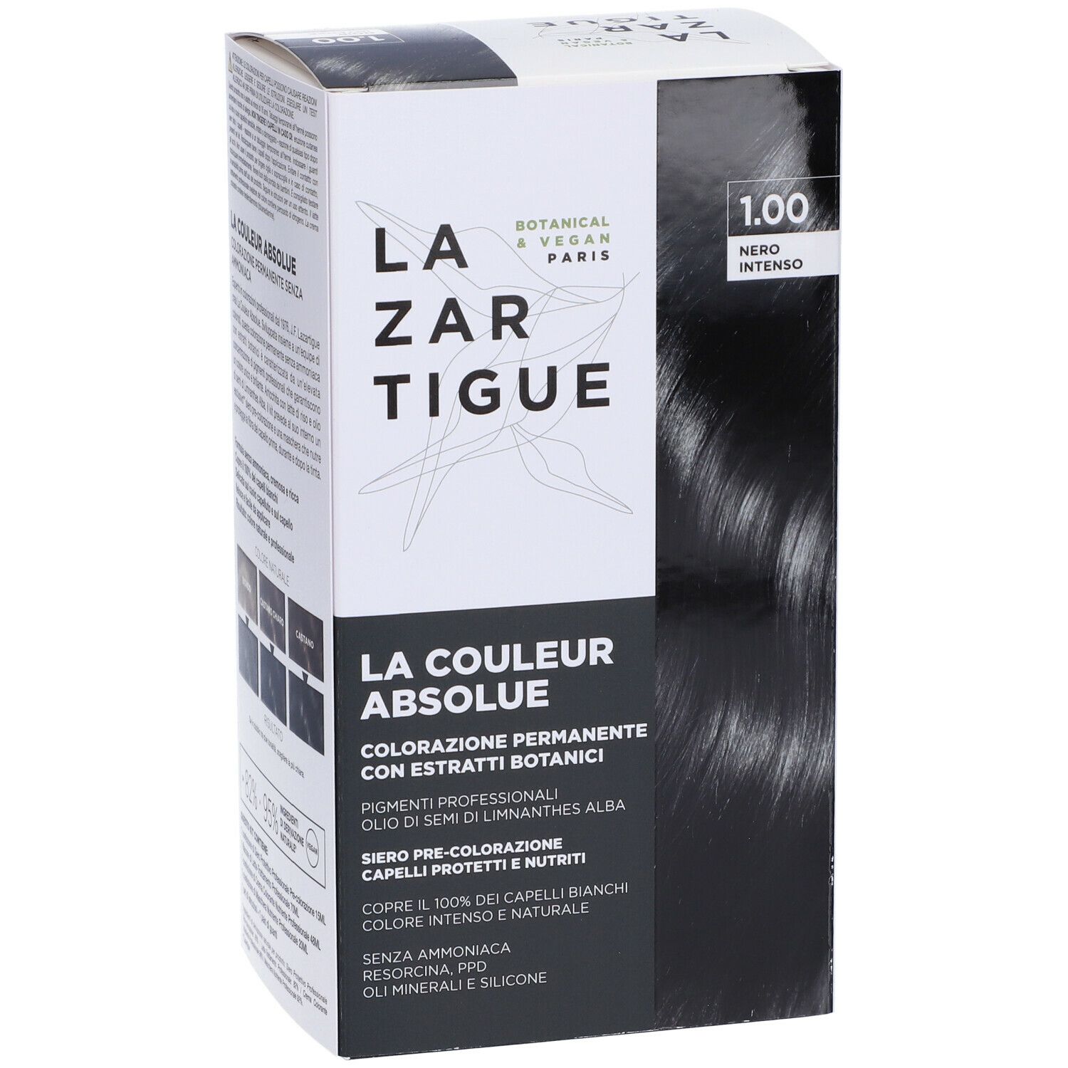 LAZARTIGUE COULEUR ABSOLUE, 1.00 Nero Intenso. Tinta per capelli in confezione. Estratti botanici. Vegan.