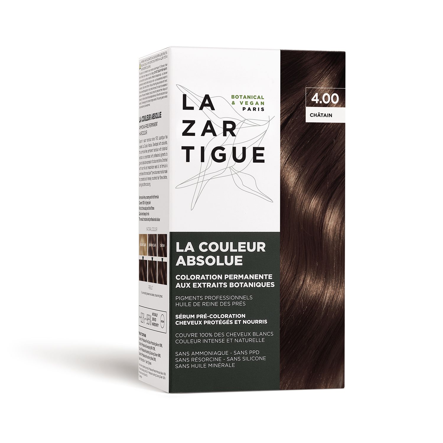 Scatola LAZARTIGUE COULEUR ABSOLUE Castano 4.00. Scritte: Botanico & Vegano, LAZARTIGUE PARIS, LA COULEUR ABSOLUE.
