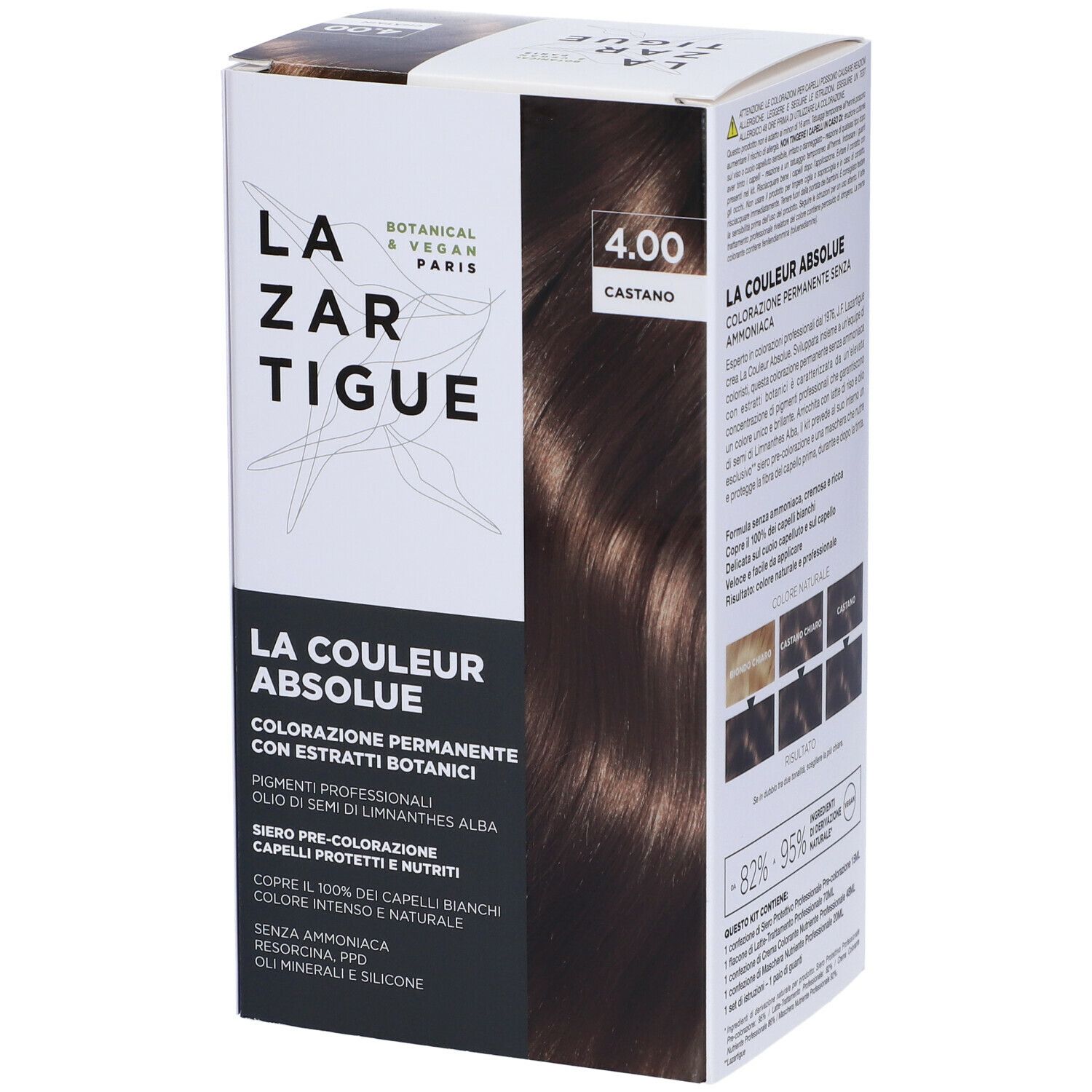 Scatola LAZARTIGUE COULEUR ABSOLUE Castano 4.00. Scritte: Botanico & Vegano, LAZARTIGUE PARIS, LA COULEUR ABSOLUE.