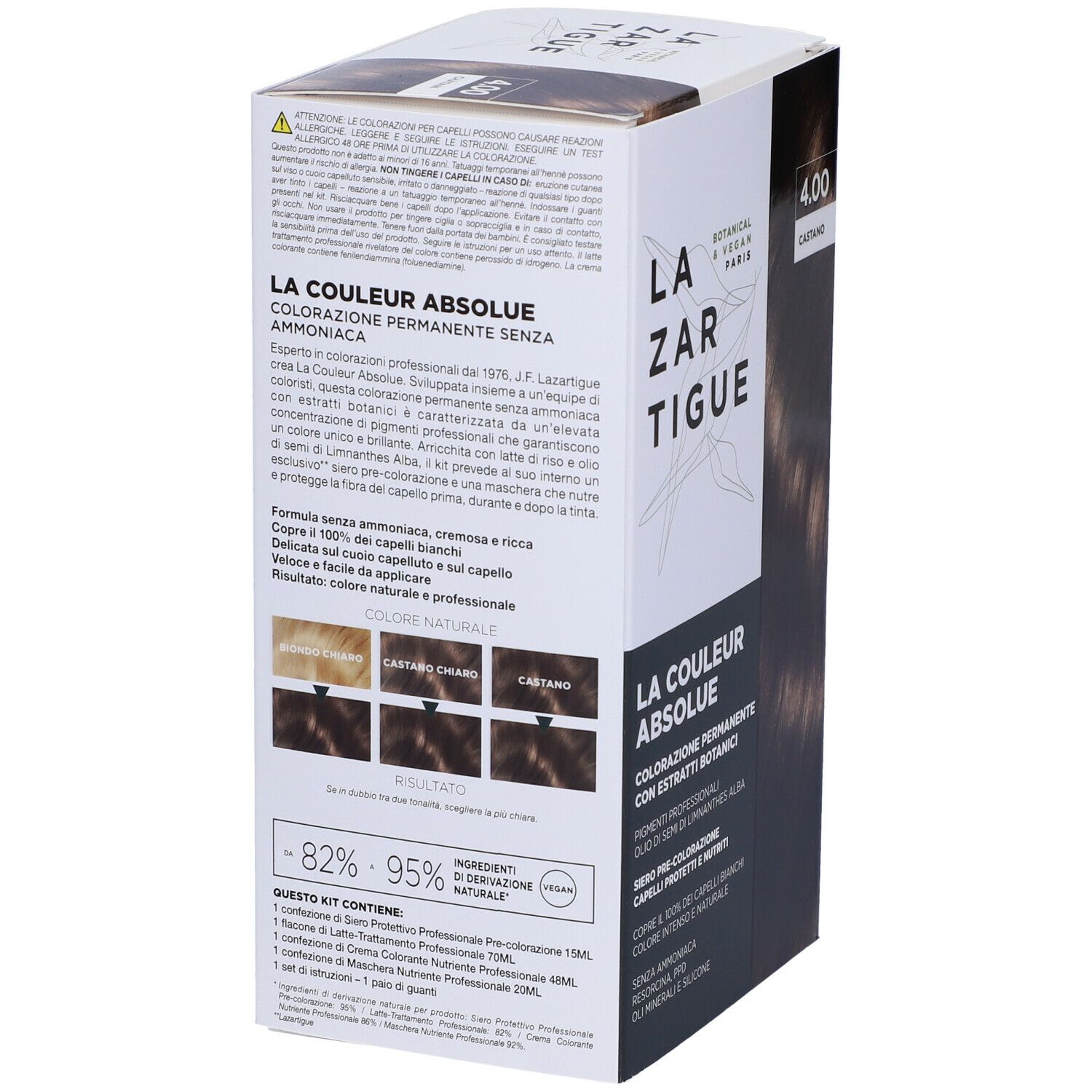 Scatola LAZARTIGUE COULEUR ABSOLUE Castano 4.00. Retro con informazioni e campioni di colore.