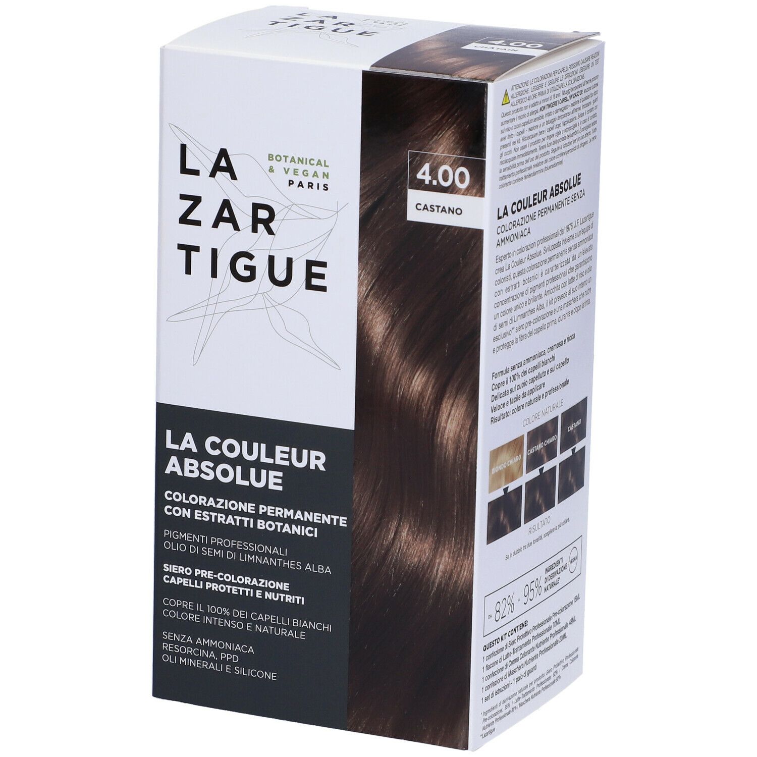 Scatola LAZARTIGUE COULEUR ABSOLUE Castano 4.00. Scritte: Botanico & Vegano, LAZARTIGUE PARIS, LA COULEUR ABSOLUE.