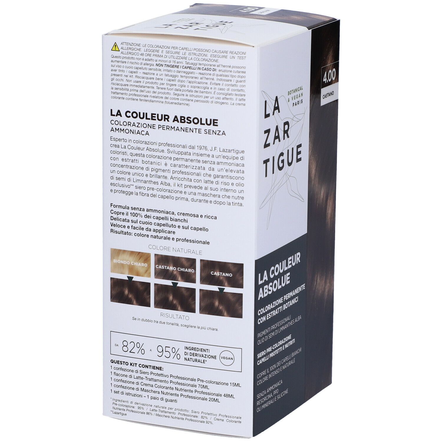 Scatola LAZARTIGUE COULEUR ABSOLUE Castano 4.00. Retro con informazioni e campioni di colore.