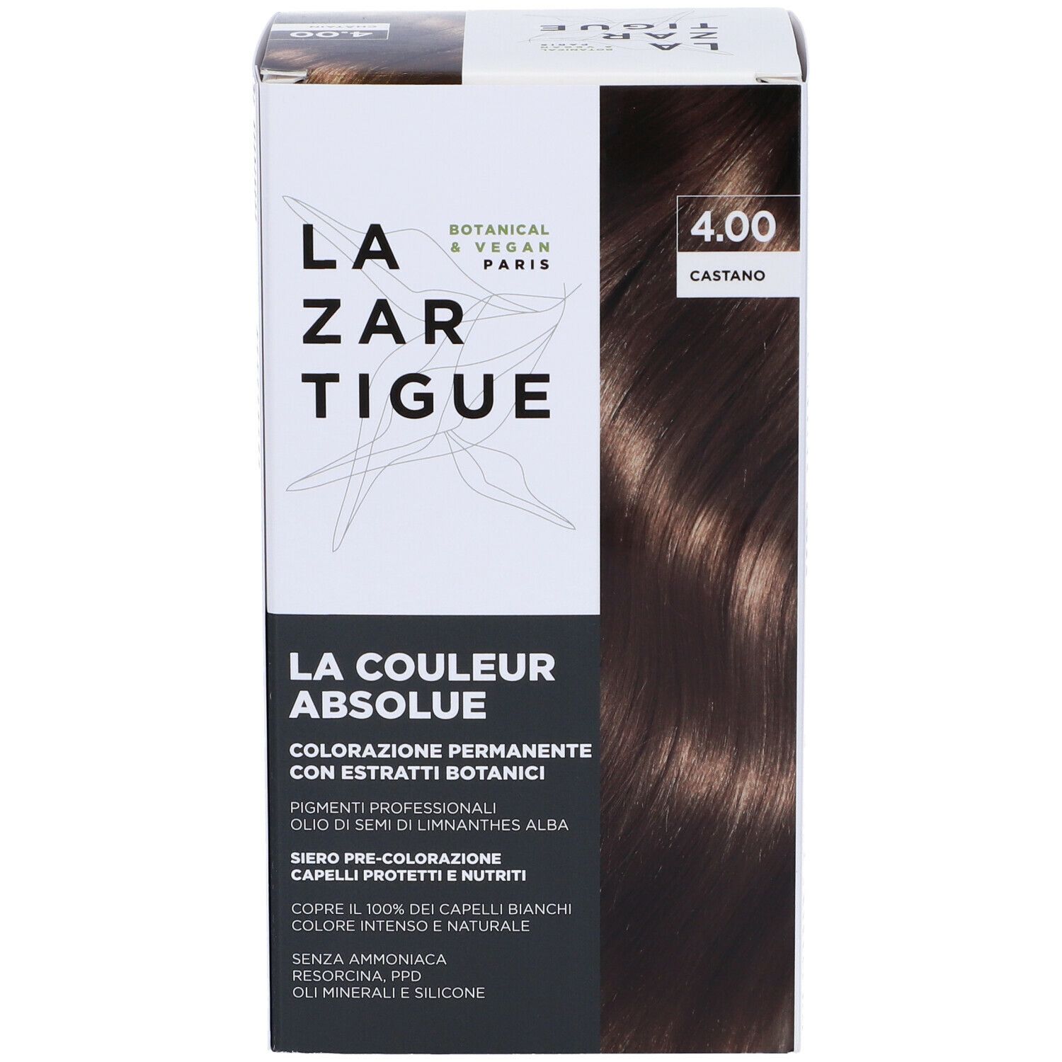 Scatola LAZARTIGUE COULEUR ABSOLUE Castano 4.00. Scritte: Botanico & Vegano, LAZARTIGUE PARIS, LA COULEUR ABSOLUE.