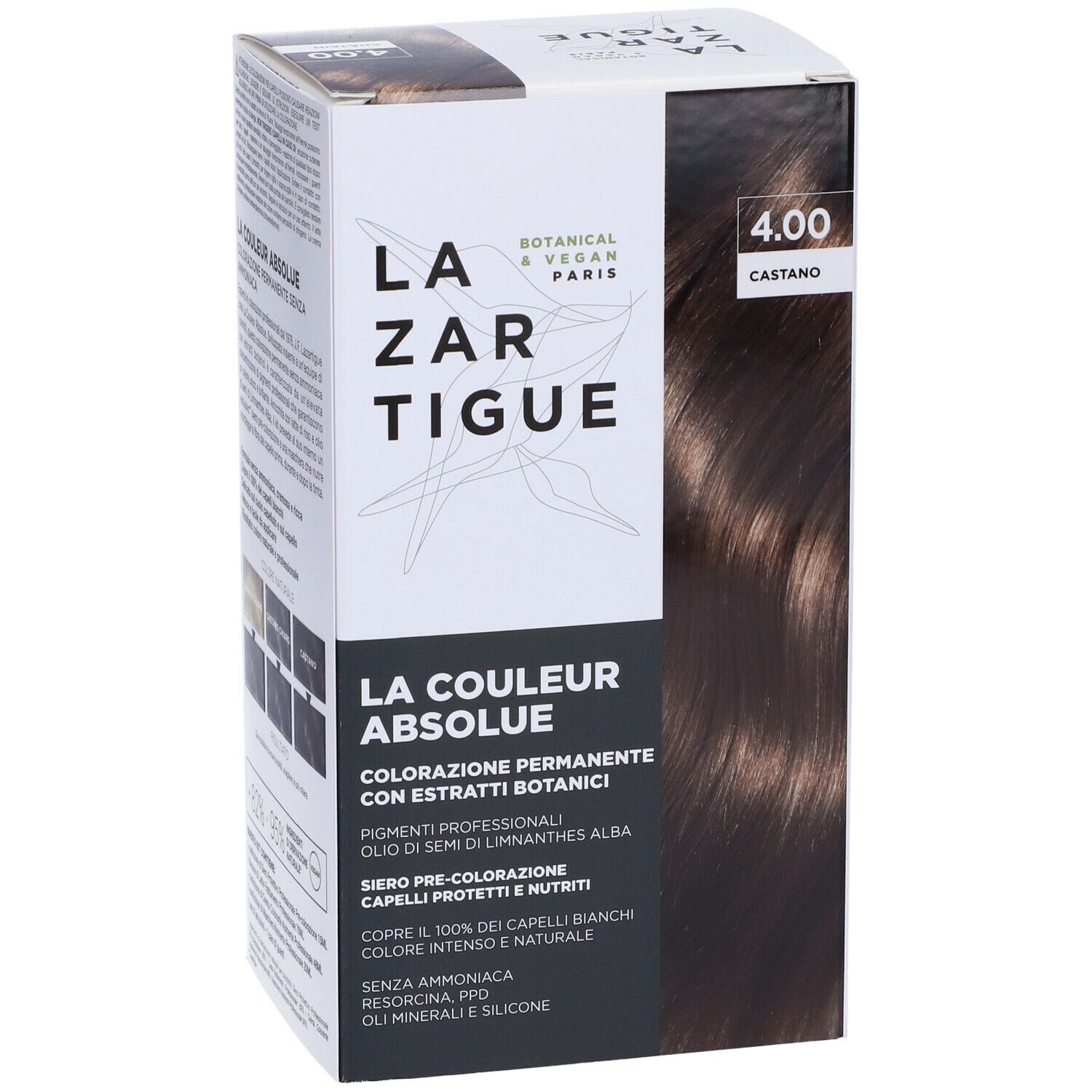 Scatola LAZARTIGUE COULEUR ABSOLUE Castano 4.00. Scritte: Botanico & Vegano, LAZARTIGUE PARIS, LA COULEUR ABSOLUE.