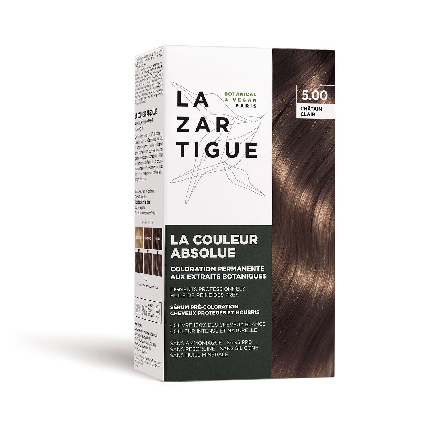 LAZARTIGUE COULEUR ABSOLUE Castano Chiaro 5.00. Scatola di tinta per capelli. Botanico & Vegano. Esempio di colore. Copre il 100% dei capelli bianchi.
