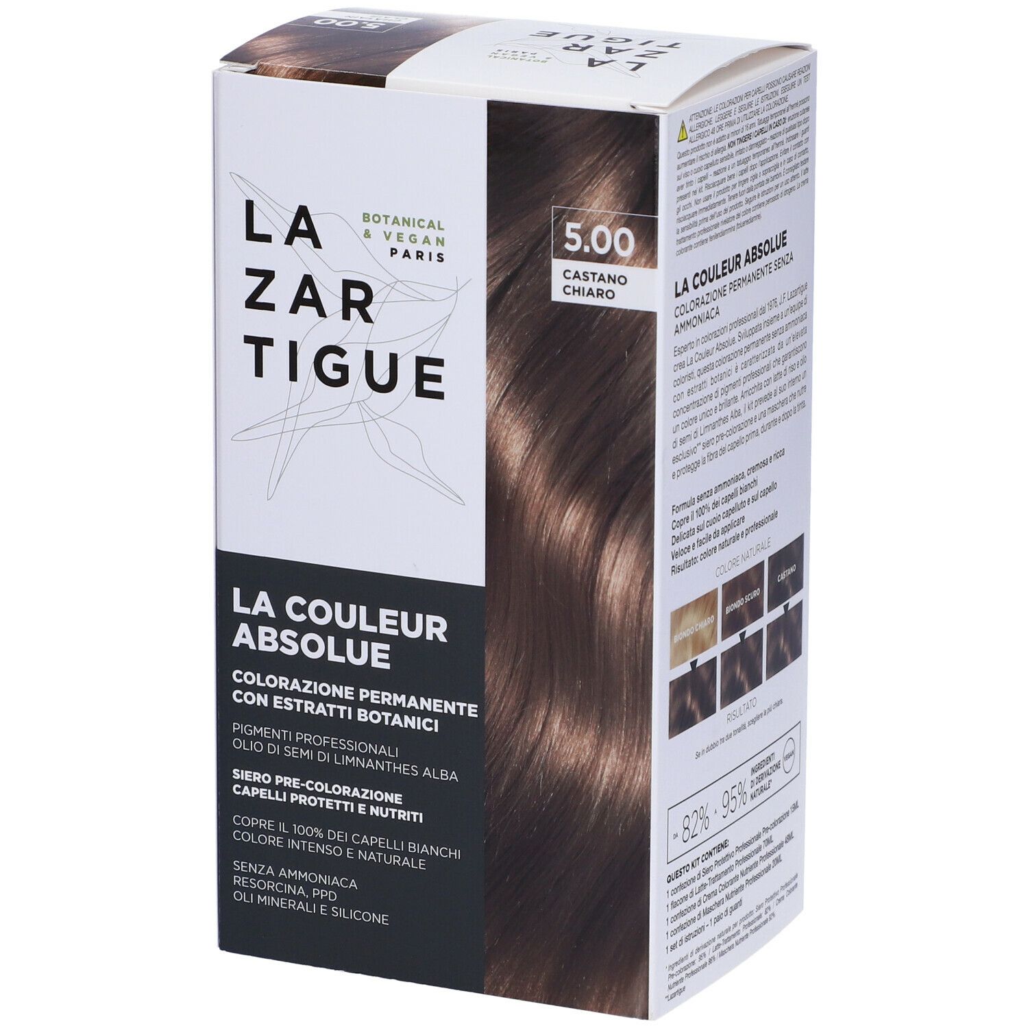 LAZARTIGUE COULEUR ABSOLUE Castano Chiaro 5.00. Scatola di tinta per capelli. Botanico & Vegano. Esempi di colore. Copre il 100% dei capelli bianchi.