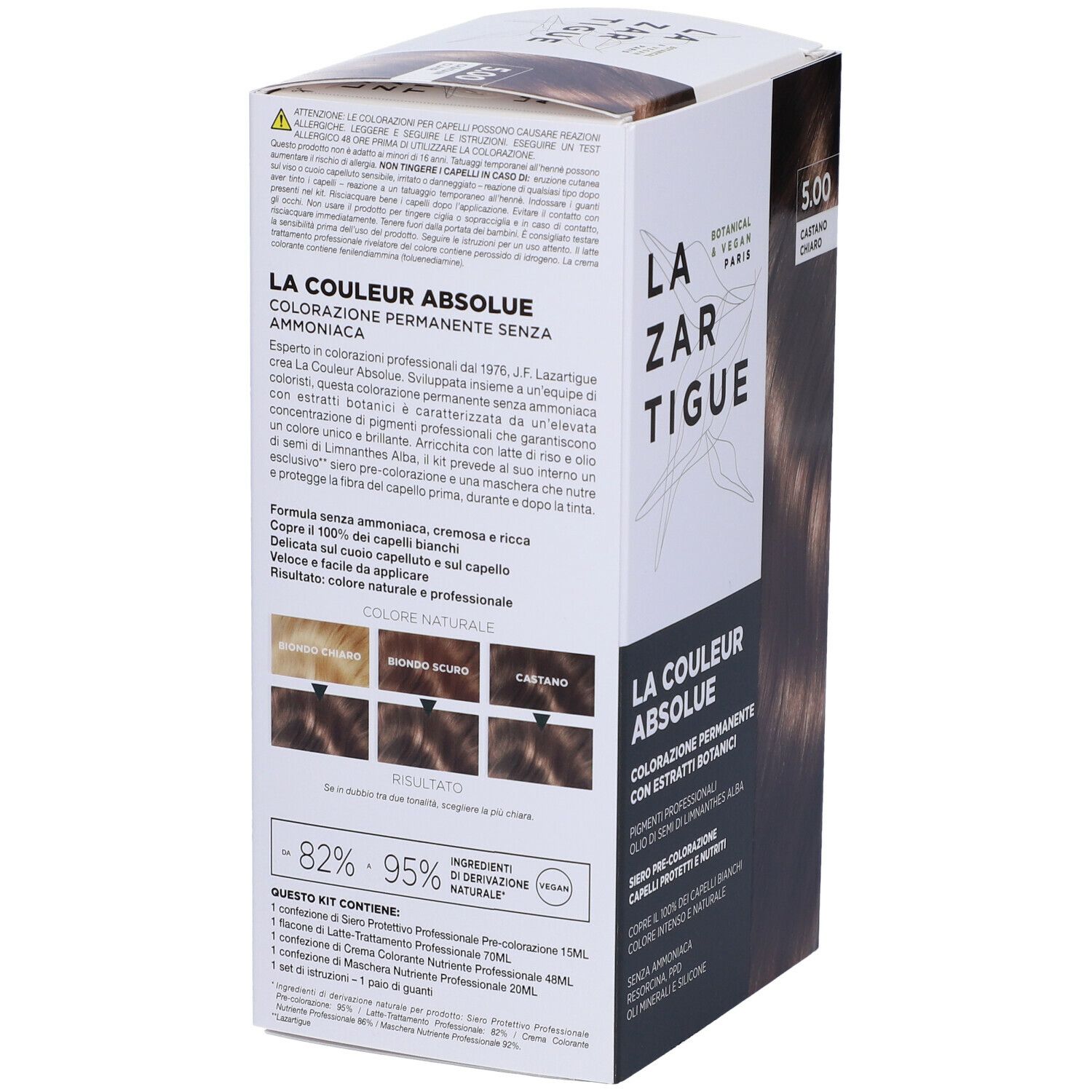 LAZARTIGUE COULEUR ABSOLUE Castano Chiaro 5.00. Scatola di tinta per capelli. Botanico & Vegano. Esempi di colore. Copre il 100% dei capelli bianchi.