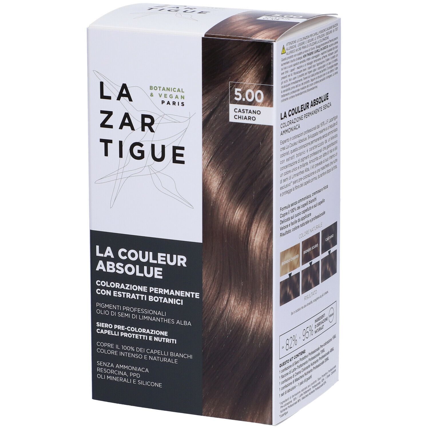LAZARTIGUE COULEUR ABSOLUE Castano Chiaro 5.00. Scatola di tinta per capelli. Botanico & Vegano. Esempi di colore. Copre il 100% dei capelli bianchi.