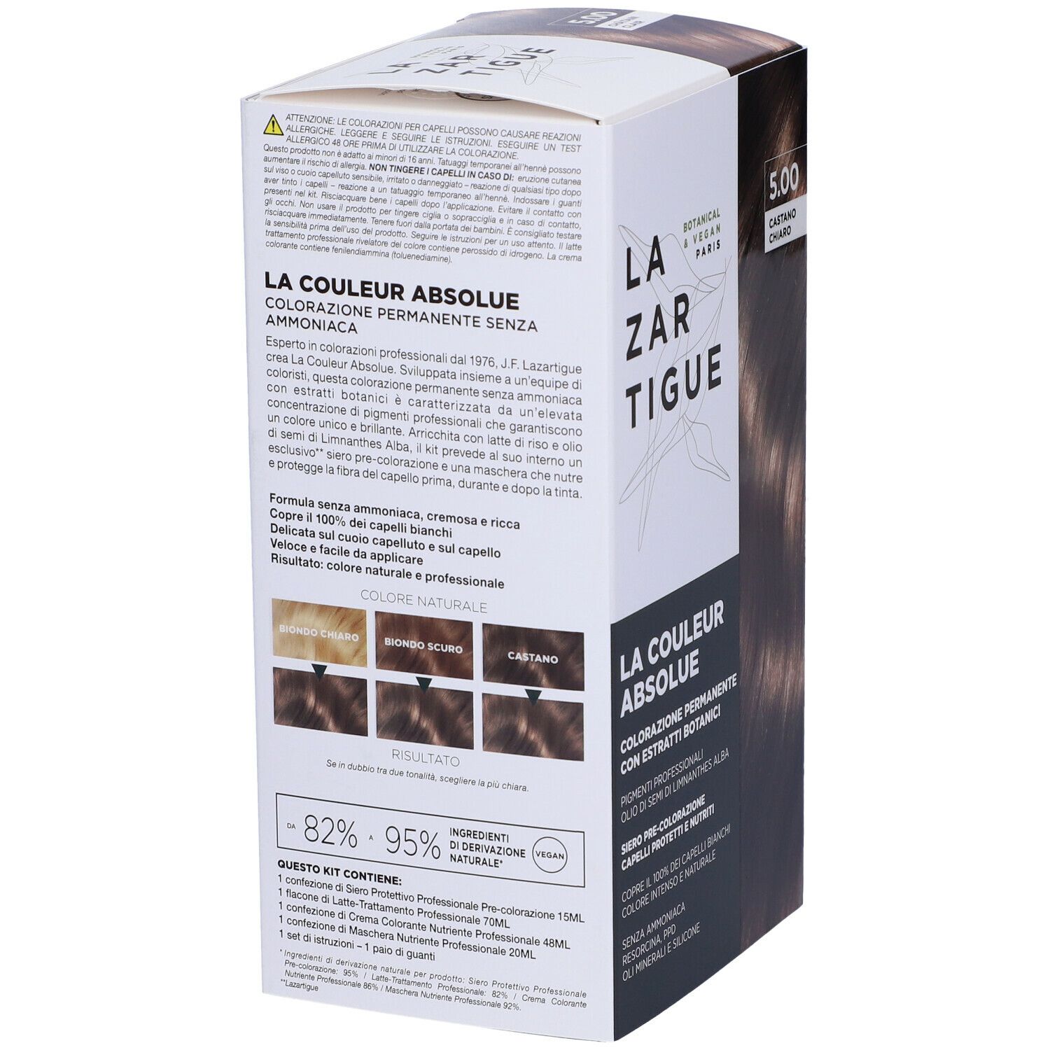 LAZARTIGUE COULEUR ABSOLUE Castano Chiaro 5.00. Scatola di tinta per capelli. Botanico & Vegano. Esempi di colore. Copre il 100% dei capelli bianchi.