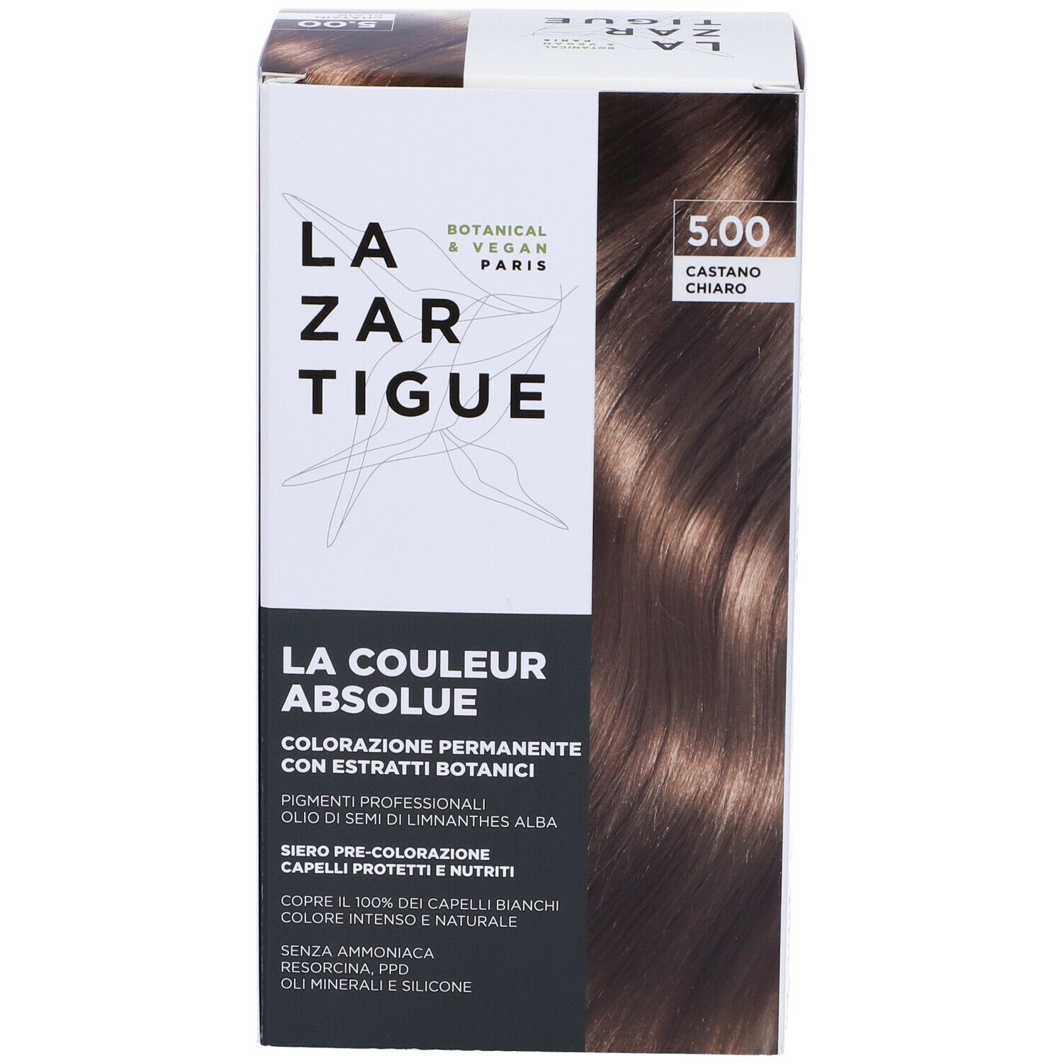 LAZARTIGUE COULEUR ABSOLUE Castano Chiaro 5.00. Scatola di tinta per capelli. Botanico & Vegano. Esempi di colore. Copre il 100% dei capelli bianchi.