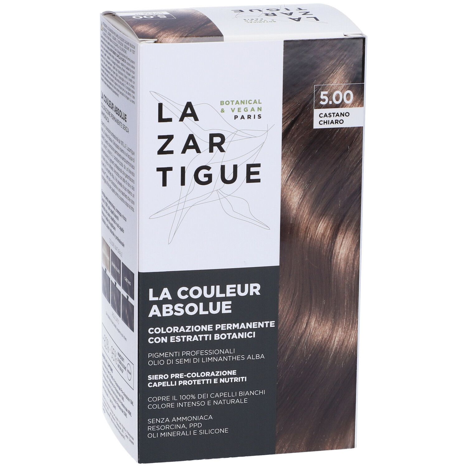 LAZARTIGUE COULEUR ABSOLUE Castano Chiaro 5.00. Scatola di tinta per capelli. Botanico & Vegano. Esempi di colore. Copre il 100% dei capelli bianchi.