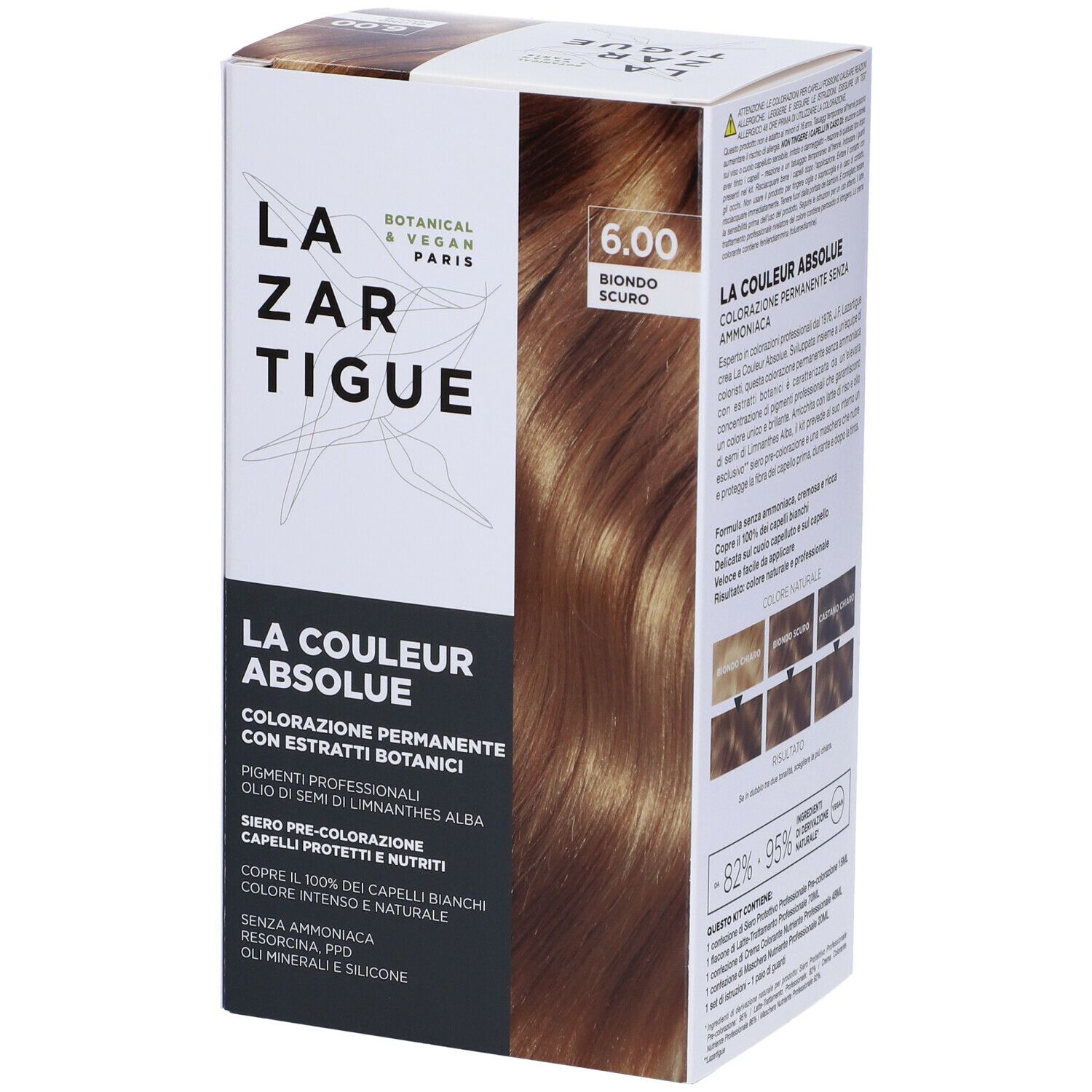 Scatola di tintura per capelli con nome del prodotto e tonalità 6.00. Scritte: Botanico & Vegano, LAZARTIGUE PARIS.