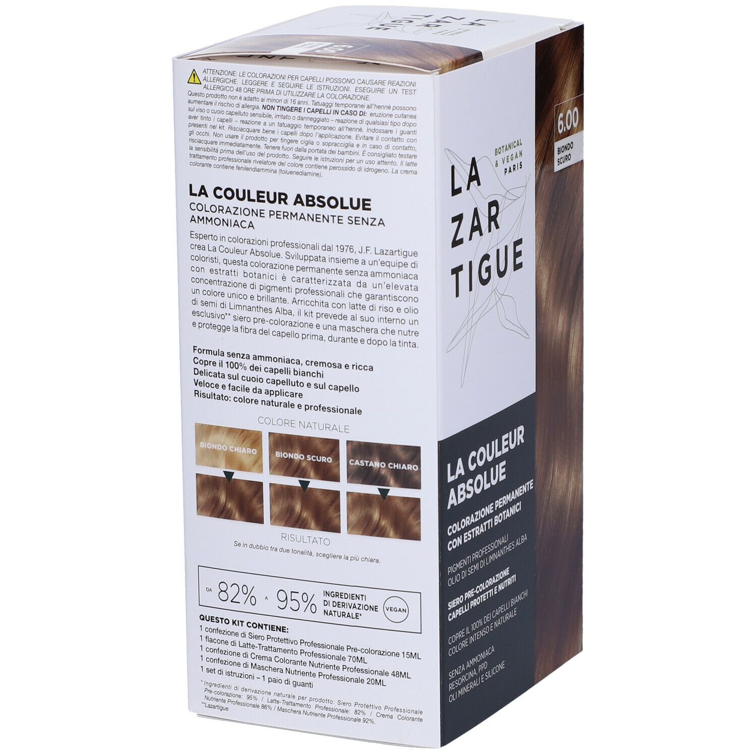 Retro della scatola di tintura per capelli con informazioni sul prodotto ed esempi di colore. Testo in italiano.