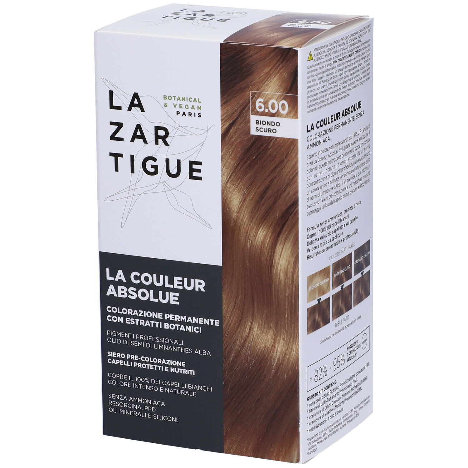 Scatola di tintura per capelli con nome del prodotto e tonalità 6.00. Scritte: Botanico & Vegano, LAZARTIGUE PARIS.