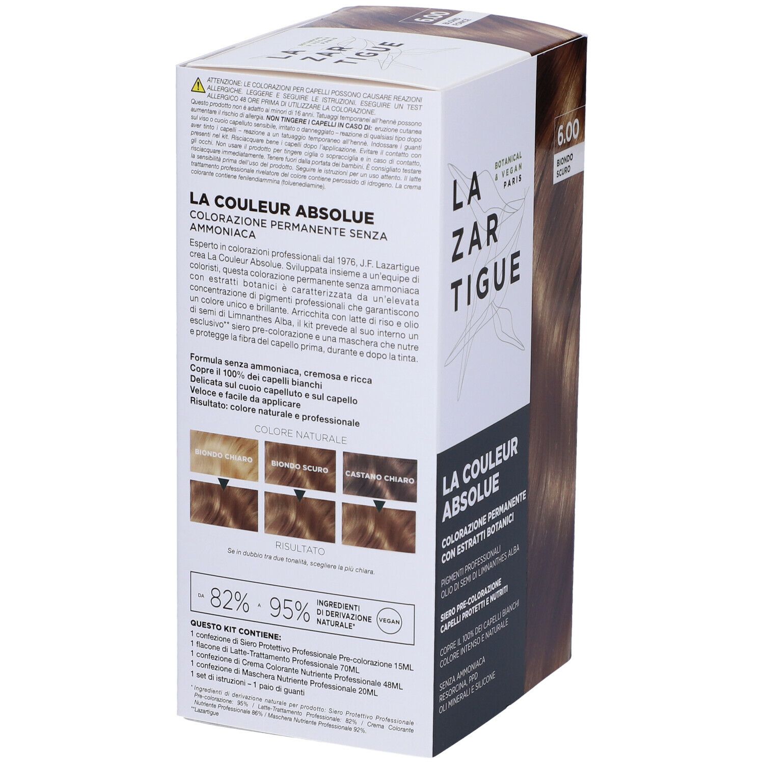 Retro della scatola di tintura per capelli con informazioni sul prodotto ed esempi di colore. Testo in italiano.