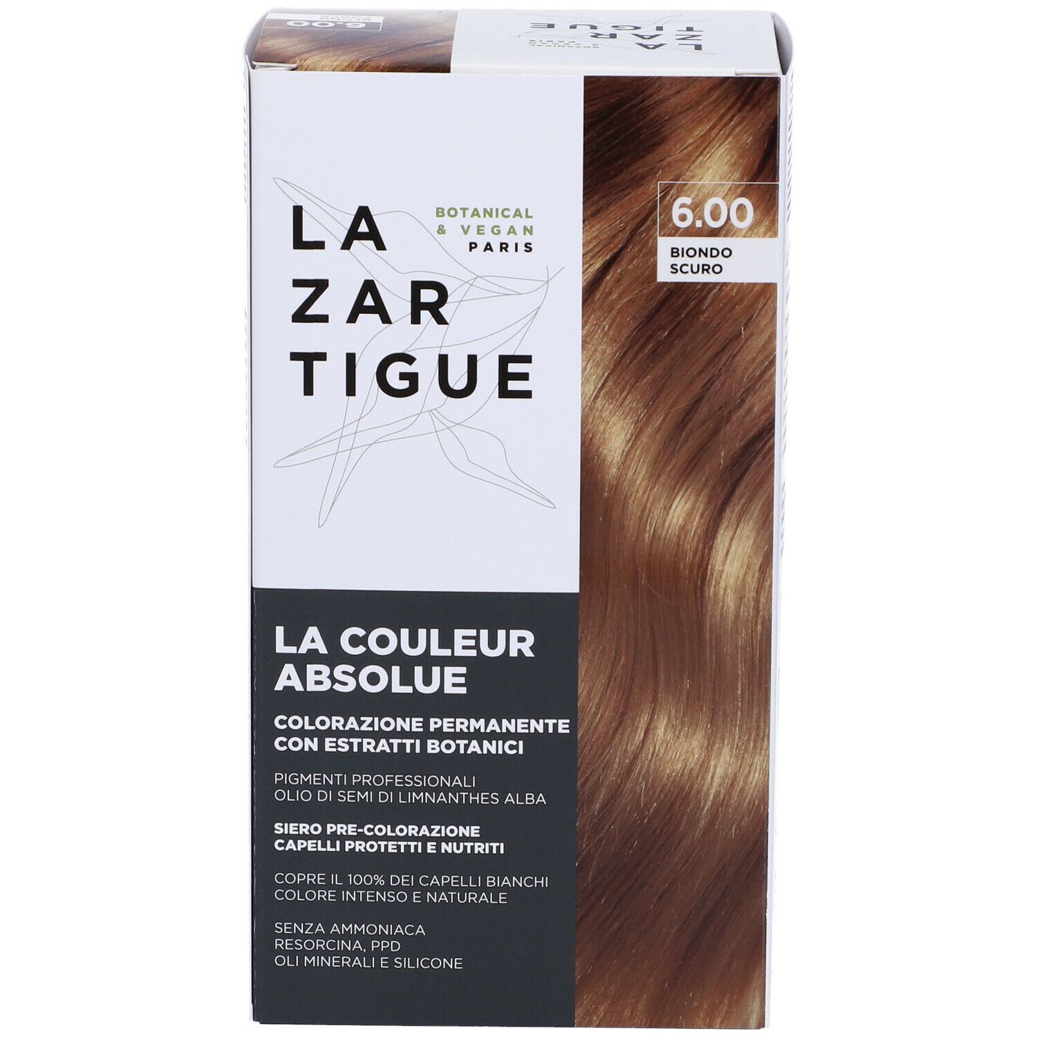 Scatola di tintura per capelli con nome del prodotto e tonalità 6.00. Scritte: Botanico & Vegano, LAZARTIGUE PARIS.