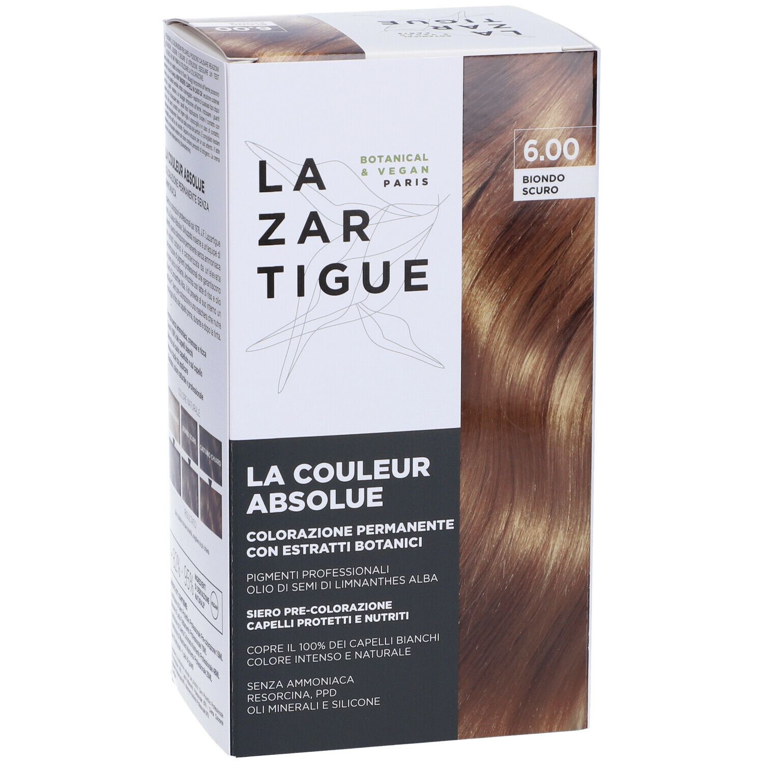 Scatola di tintura per capelli con nome del prodotto e tonalità 6.00. Scritte: Botanico & Vegano, LAZARTIGUE PARIS.