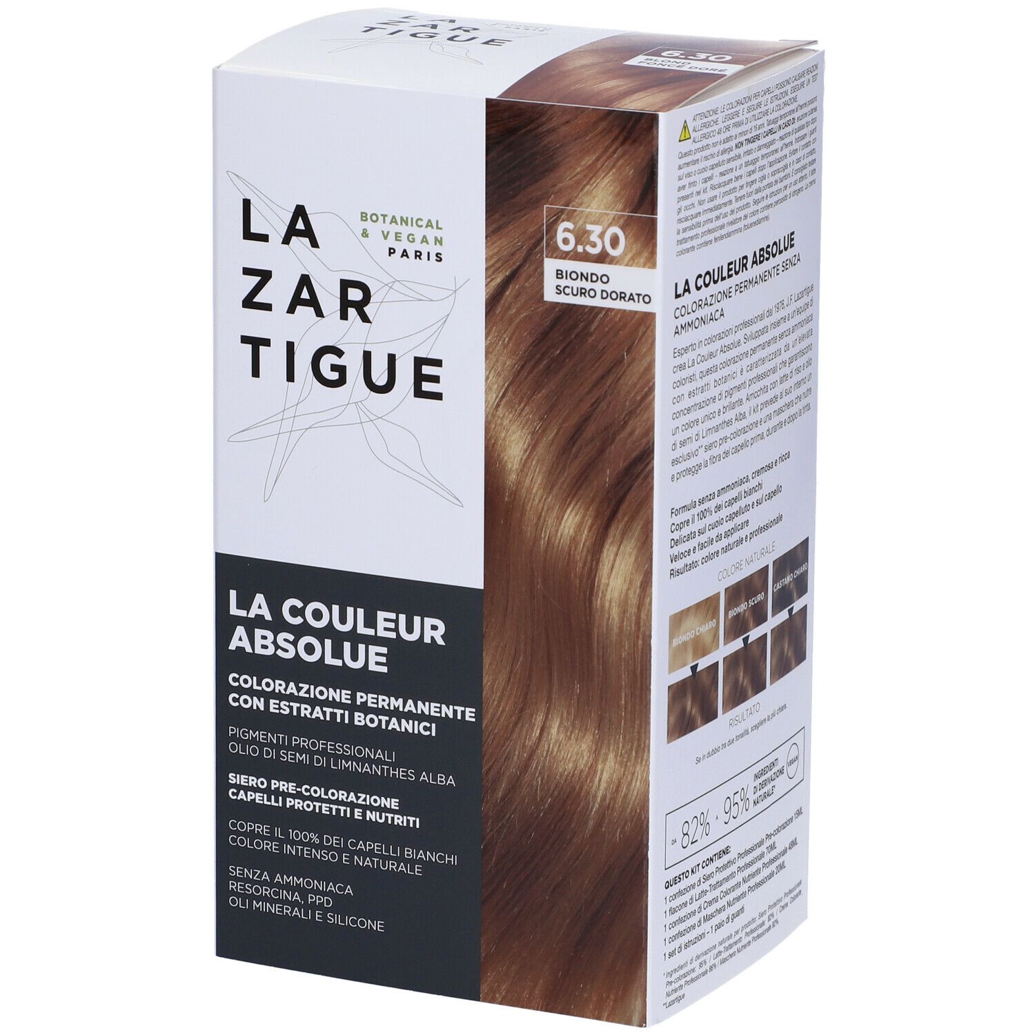 Scatola di tinta per capelli, vista dall'alto. Scritte: LAZARTIGUE, LA COULEUR ABSOLUE, tonalità 6.30. Tabella di confronto colori.