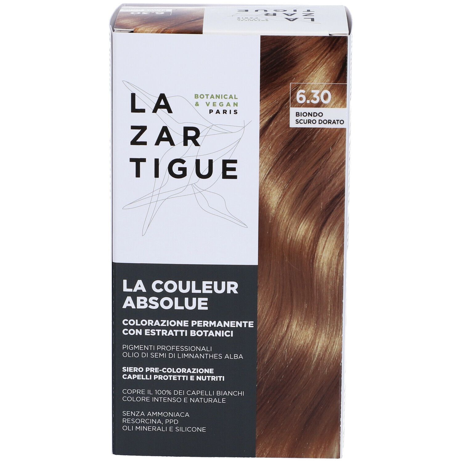 Scatola di tinta per capelli, vista dall'alto. Scritte: LAZARTIGUE, LA COULEUR ABSOLUE, tonalità 6.30. Tabella di confronto colori.