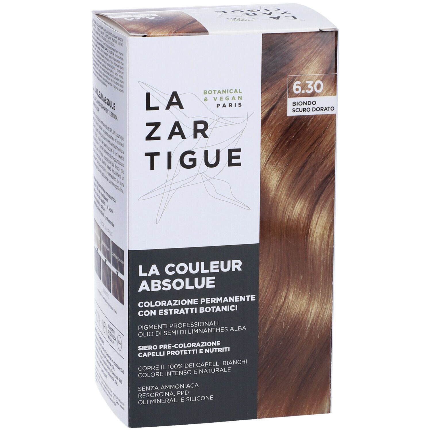 Scatola di tinta per capelli, vista dall'alto. Scritte: LAZARTIGUE, LA COULEUR ABSOLUE, tonalità 6.30. Tabella di confronto colori.