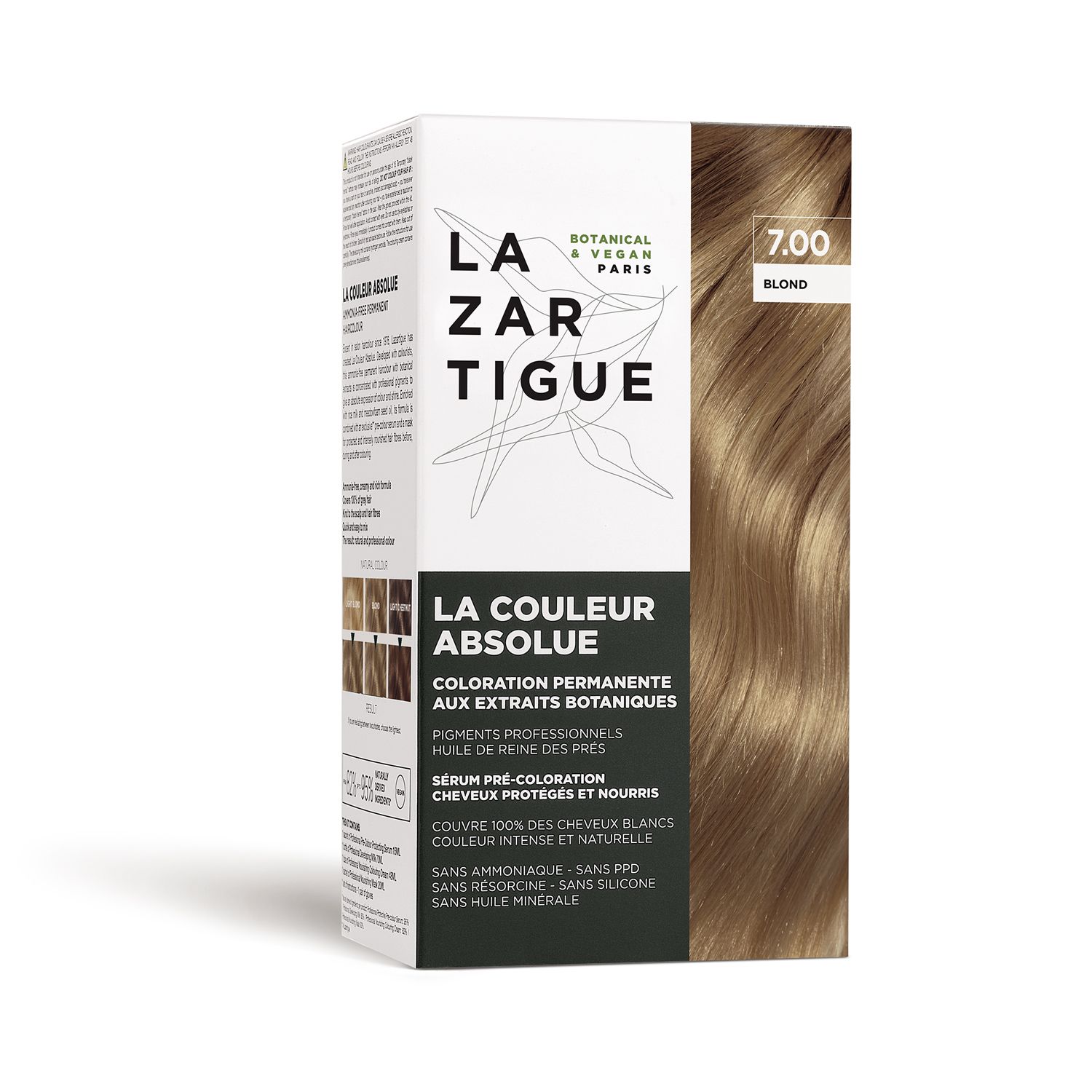 LAZARTIGUE COULEUR ABSOLUE Biondo 7.00. Scatola con informazioni sul prodotto e illustrazione del colore dei capelli.