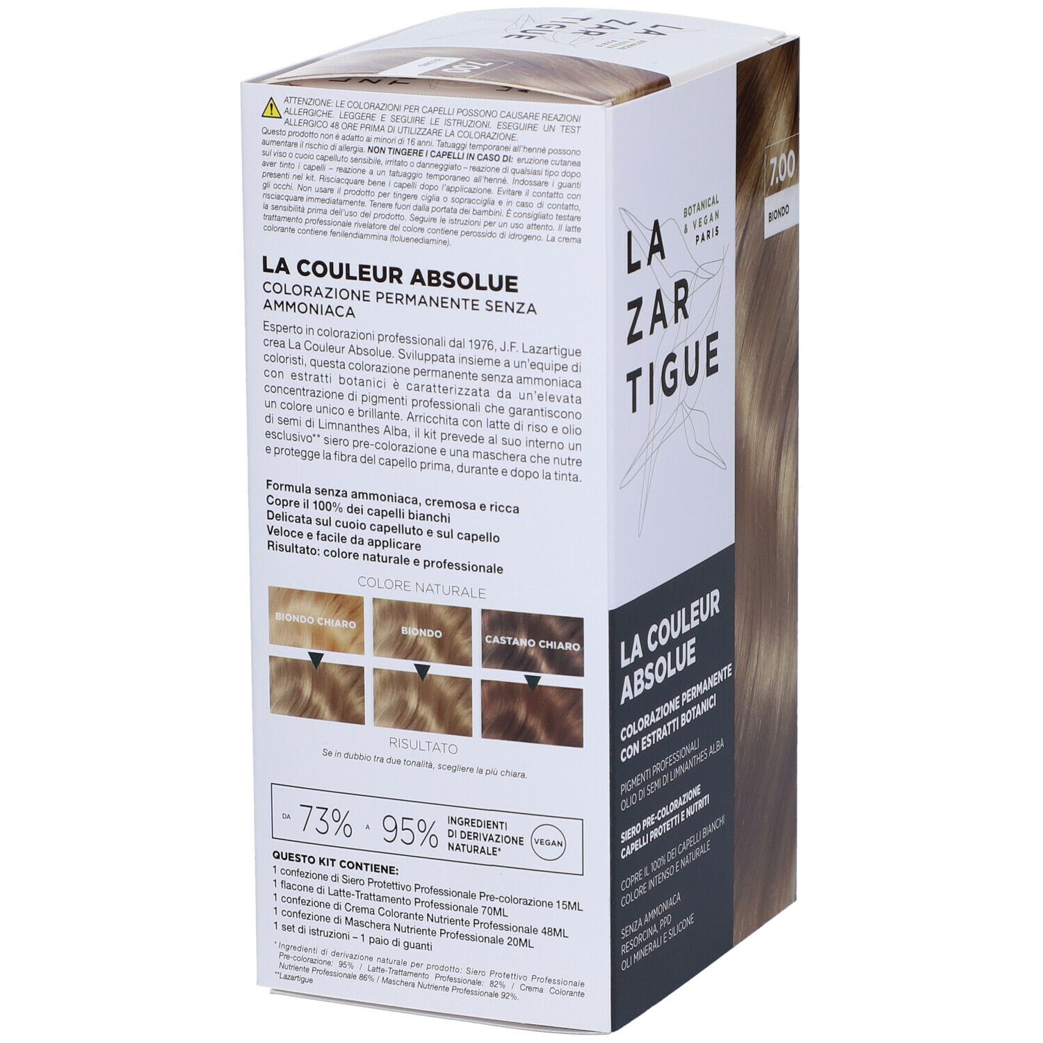 LAZARTIGUE COULEUR ABSOLUE Biondo 7.00. Confezione, retro con ingredienti ed esempi di colore.