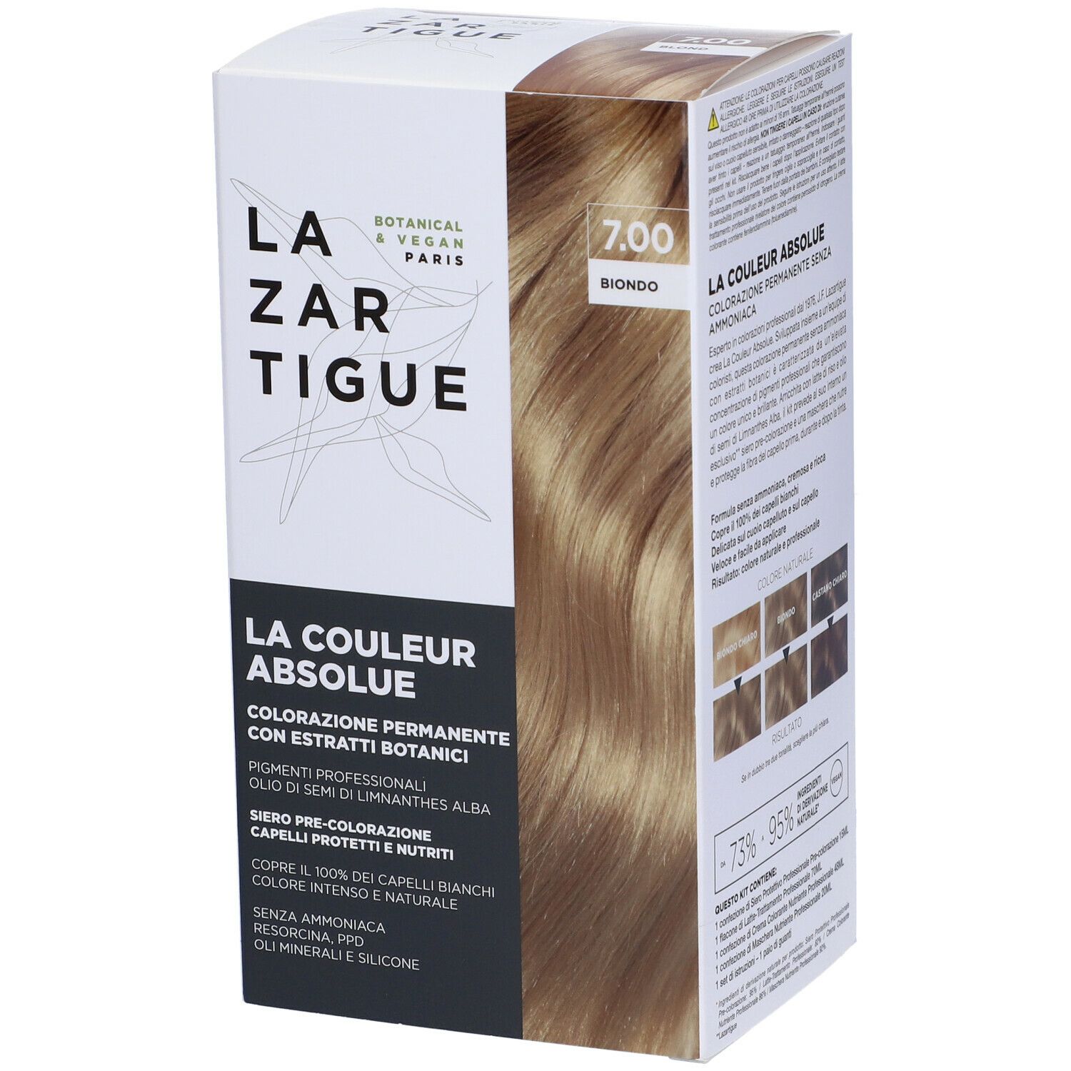 LAZARTIGUE COULEUR ABSOLUE Biondo 7.00. Confezione del prodotto con informazioni e esempio di colore.