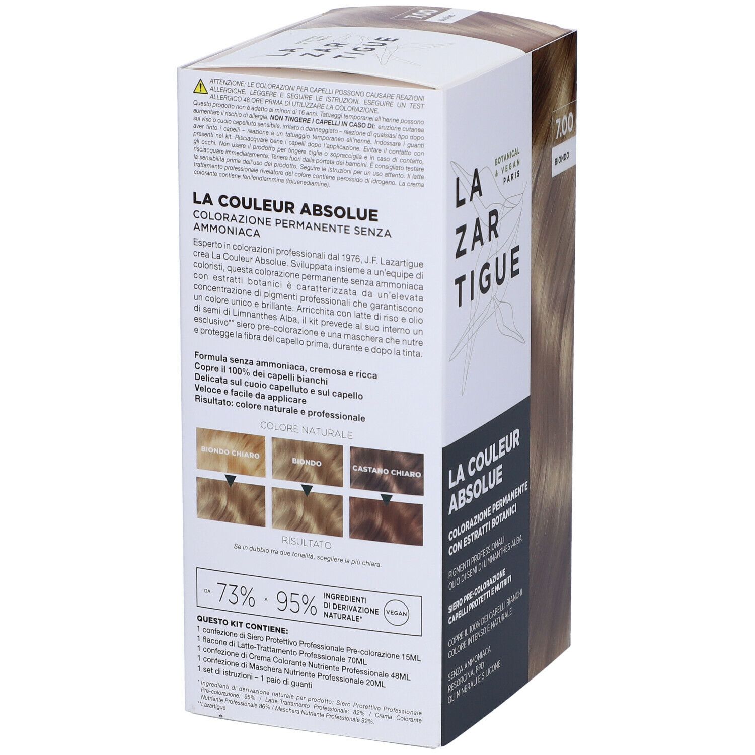 LAZARTIGUE COULEUR ABSOLUE Biondo 7.00. Retro della confezione con ingredienti ed esempi di colore.