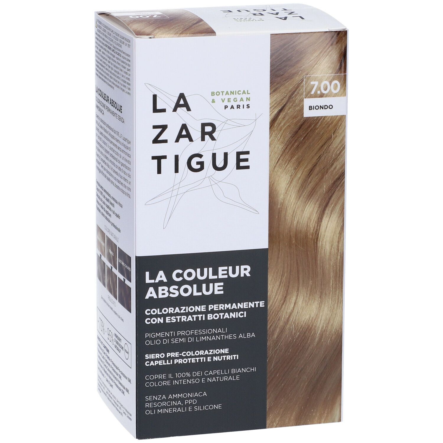 LAZARTIGUE COULEUR ABSOLUE Biondo 7.00. Confezione del prodotto con informazioni e esempio di colore.