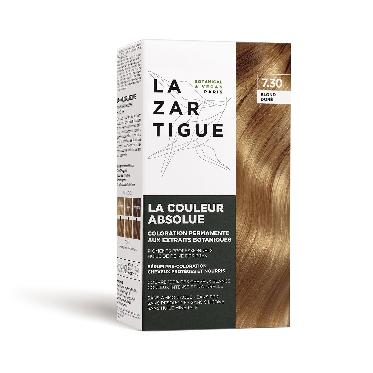 Scatola di tinta per capelli LAZARTIGUE COULEUR ABSOLUE Biondo Dorato 7.30. Ciocca bionda. Botanico & Vegano Paris.