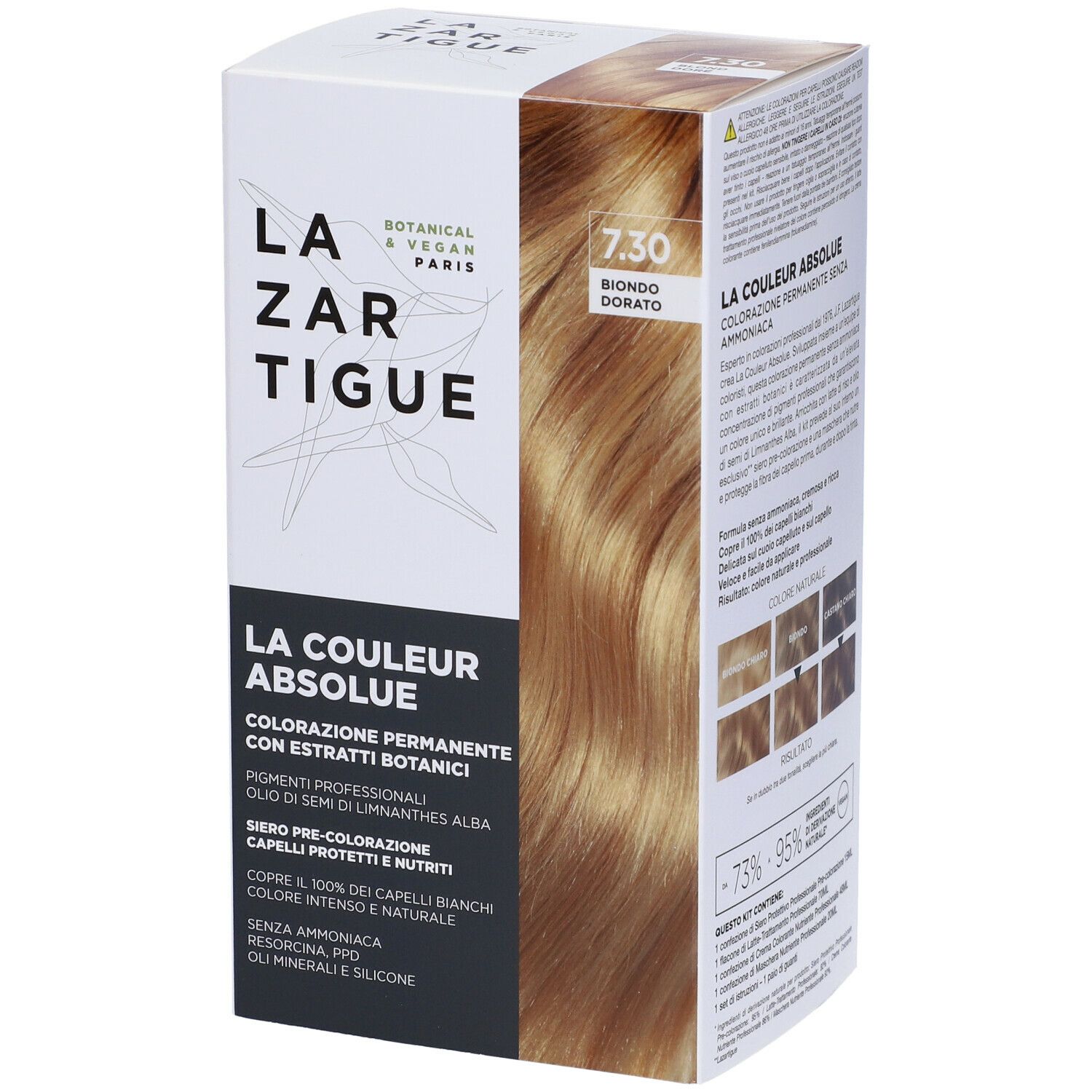Scatola di tinta per capelli LAZARTIGUE COULEUR ABSOLUE Biondo Dorato 7.30. Ciocca bionda. Botanico & Vegano Paris.
