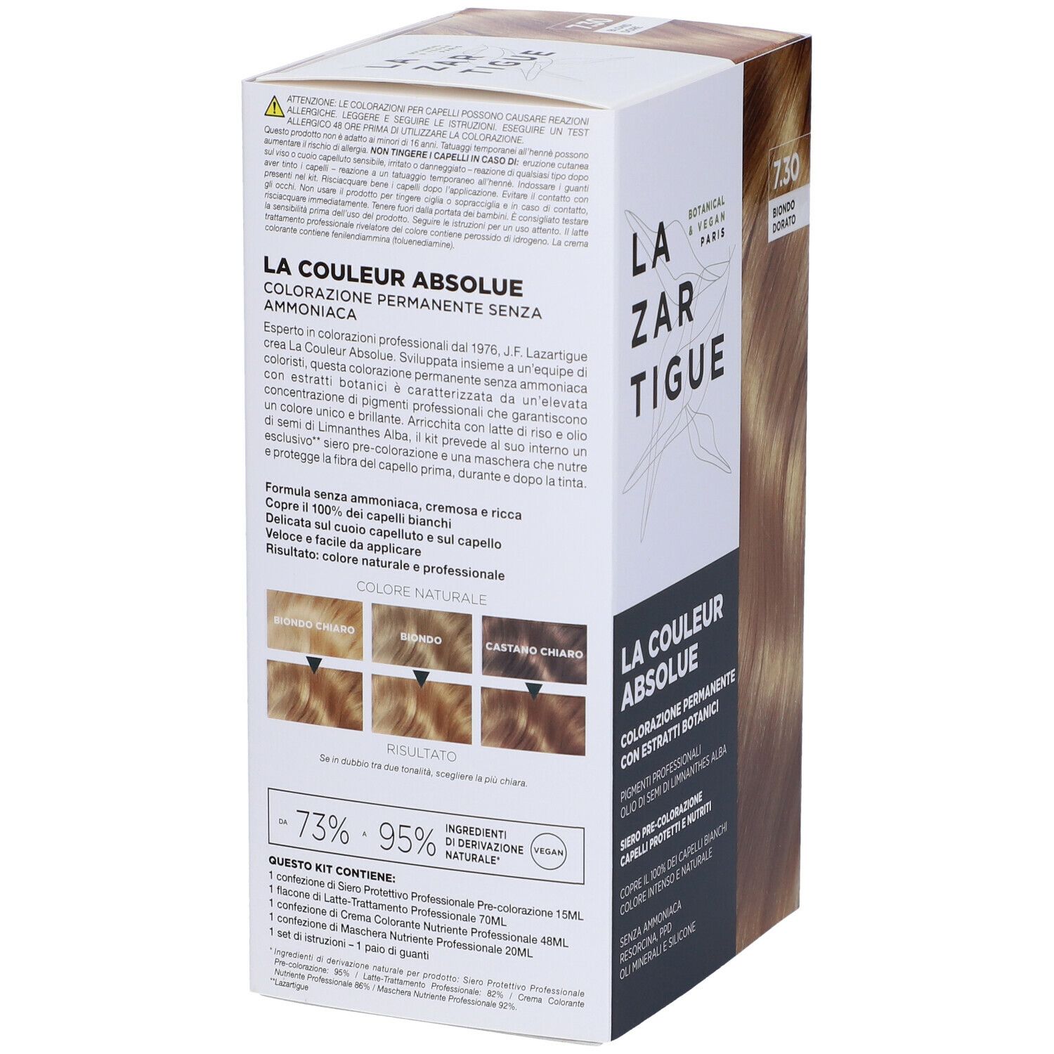 Retro della scatola di tinta per capelli. LAZARTIGUE COULEUR ABSOLUE. Risultati colore. Ingredienti. Vegano.