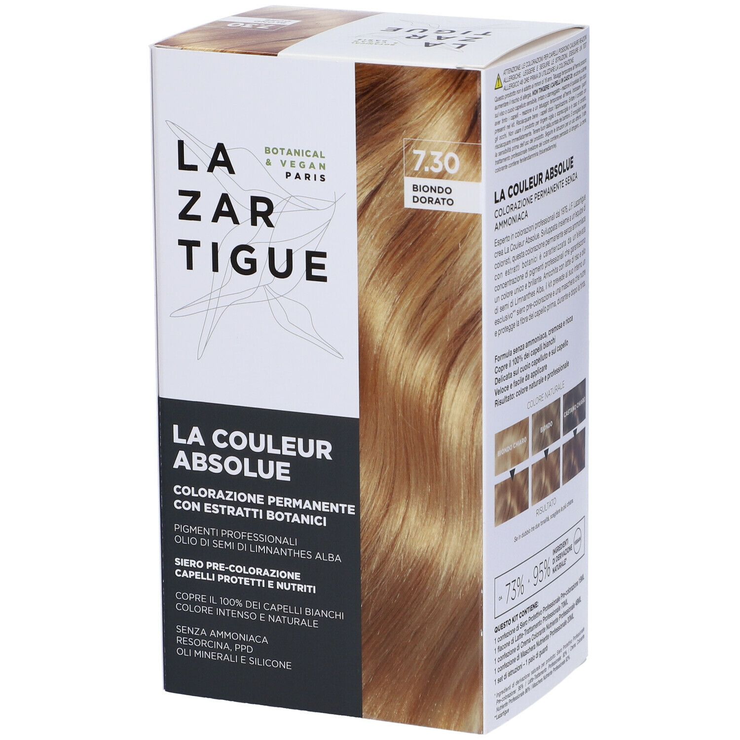 Scatola di tinta per capelli LAZARTIGUE COULEUR ABSOLUE Biondo Dorato 7.30. Ciocca bionda. Botanico & Vegano Paris.
