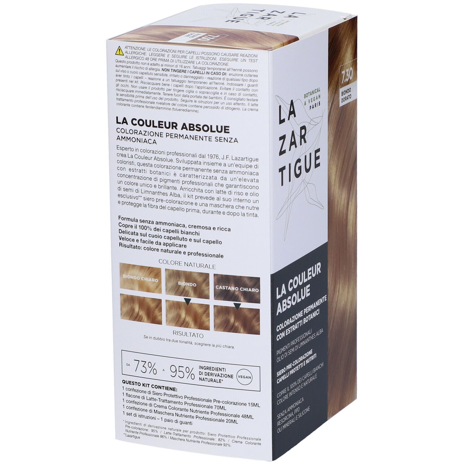 Retro della scatola di tinta per capelli. LAZARTIGUE COULEUR ABSOLUE. Risultati colore. Ingredienti. Vegano.