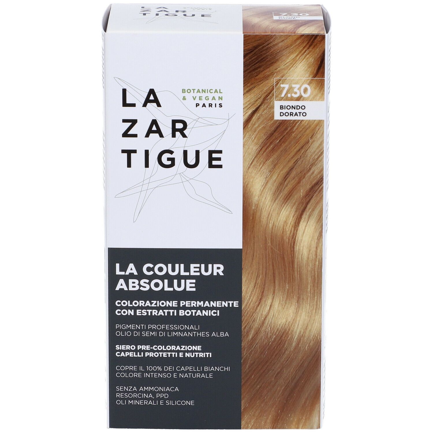 Scatola di tinta per capelli LAZARTIGUE COULEUR ABSOLUE Biondo Dorato 7.30. Ciocca bionda. Botanico & Vegano Paris.