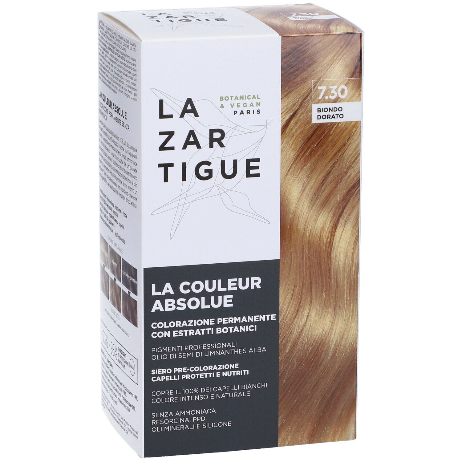 Scatola di tinta per capelli LAZARTIGUE COULEUR ABSOLUE Biondo Dorato 7.30. Ciocca bionda. Botanico & Vegano Paris.