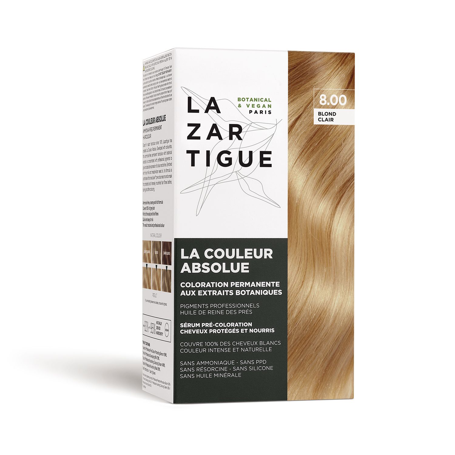 Scatola di tinta per capelli biondi. Scritte: LAZARTIGUE, LA COULEUR ABSOLUE, 8.00 Biondo Chiaro.