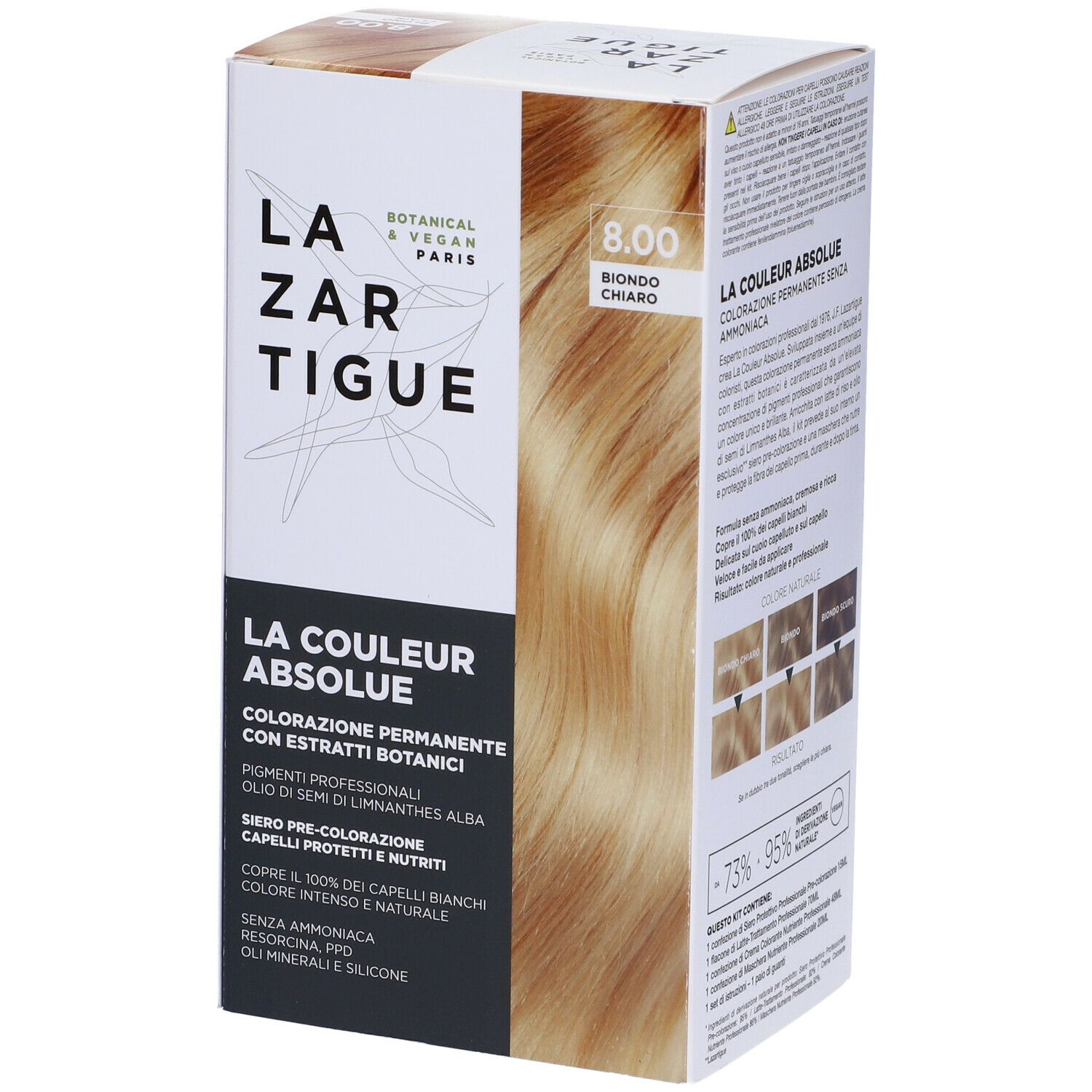 Scatola di tinta per capelli biondi. Scritte: LAZARTIGUE, LA COULEUR ABSOLUE, 8.00 Biondo Chiaro.