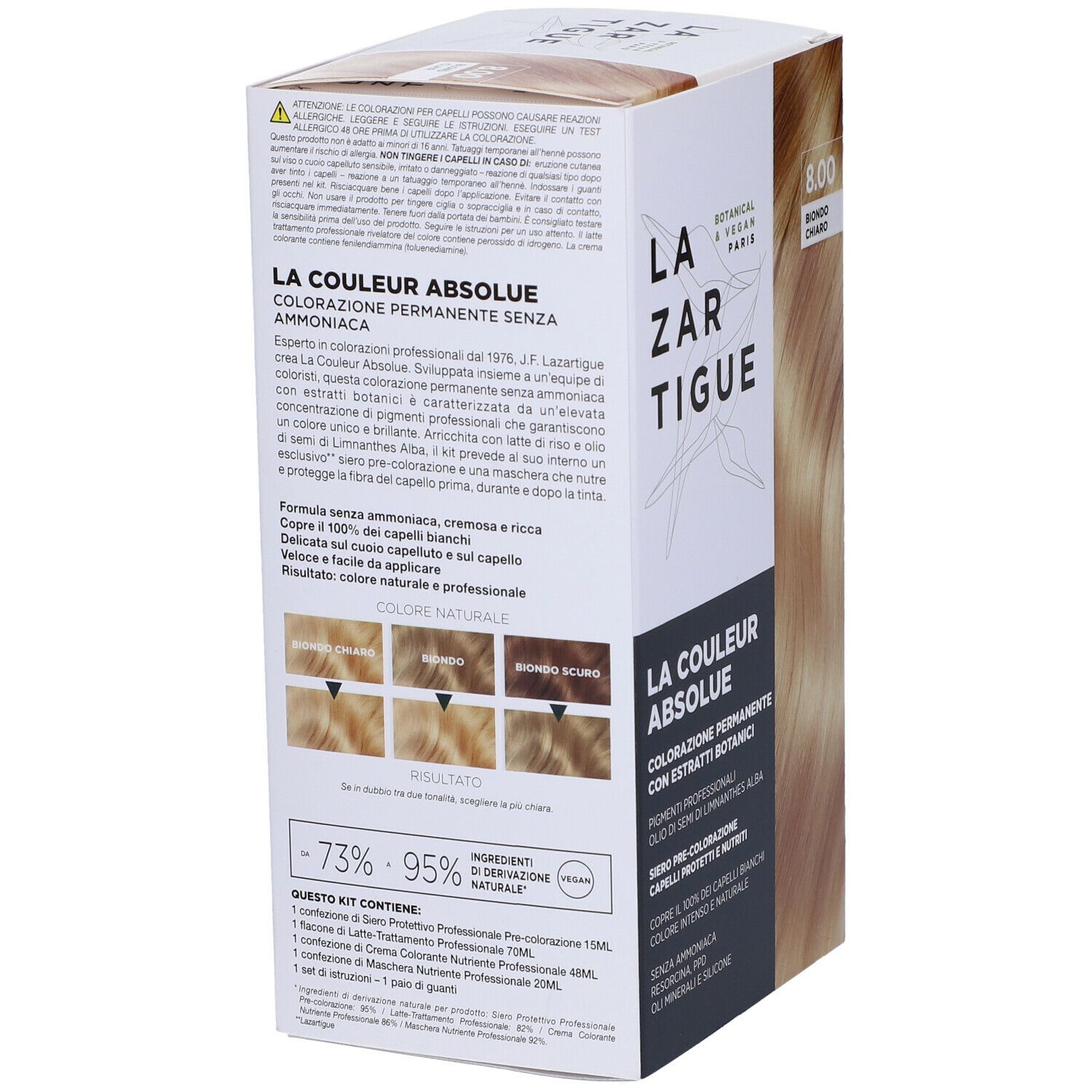 Scatola di tinta per capelli biondi. Scritte: LAZARTIGUE, LA COULEUR ABSOLUE, 8.00 Biondo Chiaro.